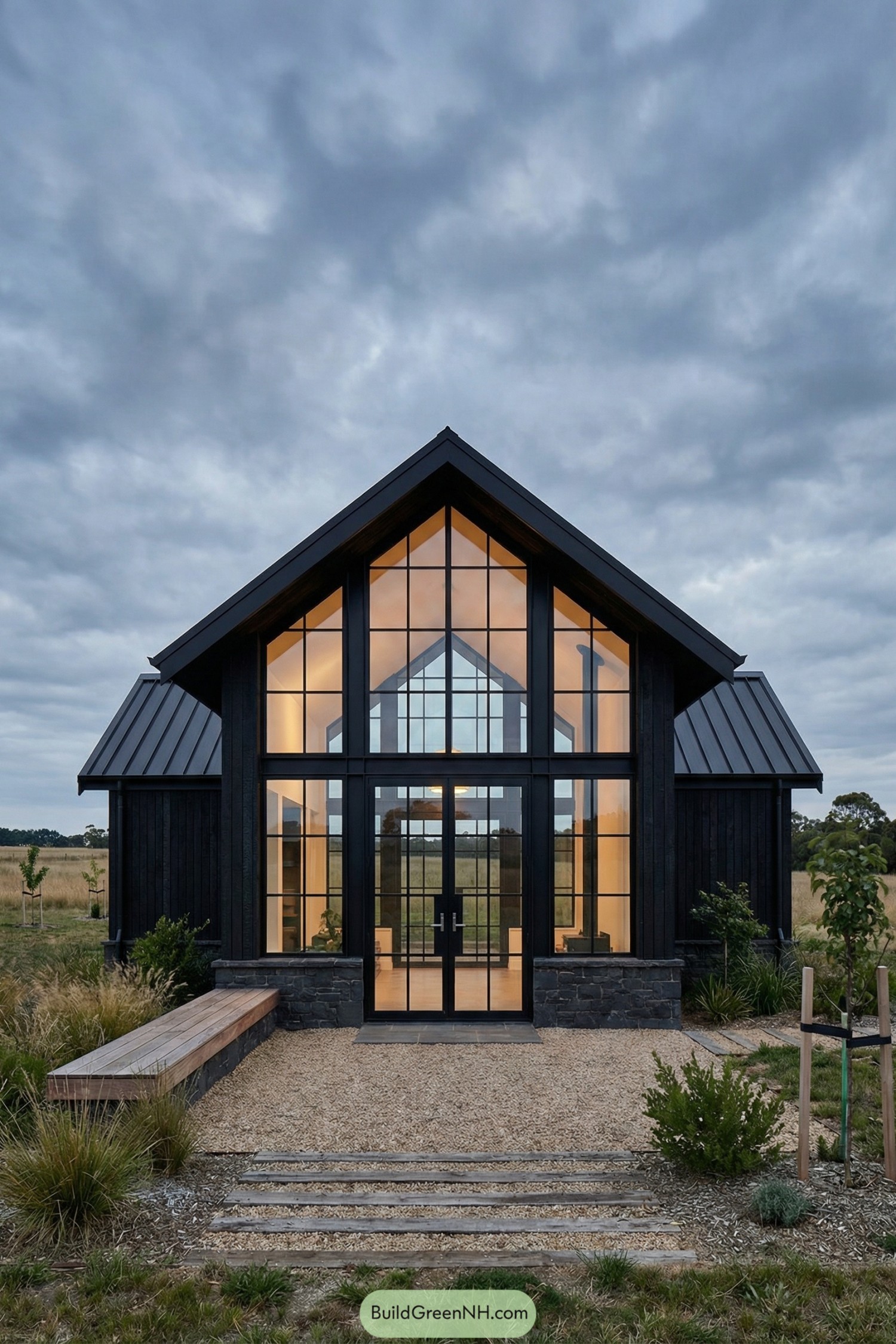 Tall black framed glass garden house with gabled roof and warm interior glow in an open field