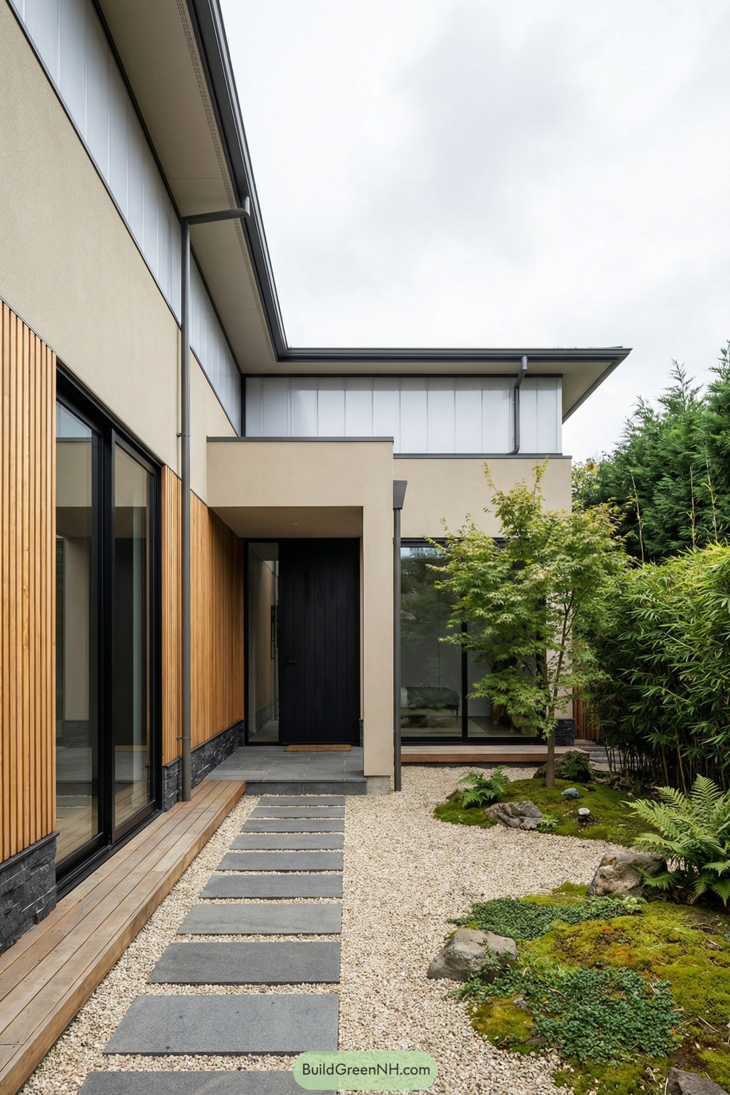 Modern house entry with Japanese inspired garden