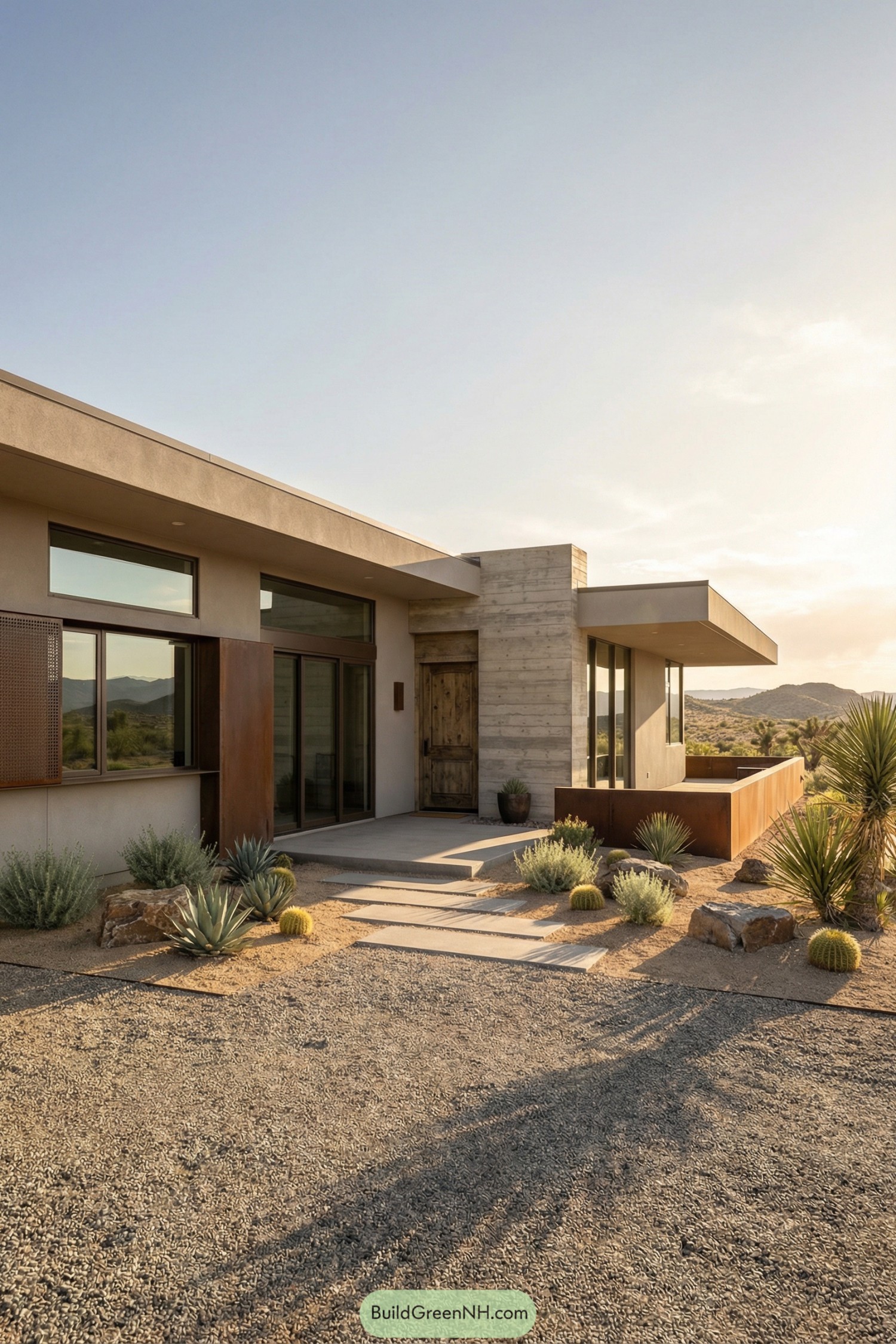 Modern desert home with low native planting and concrete entry path