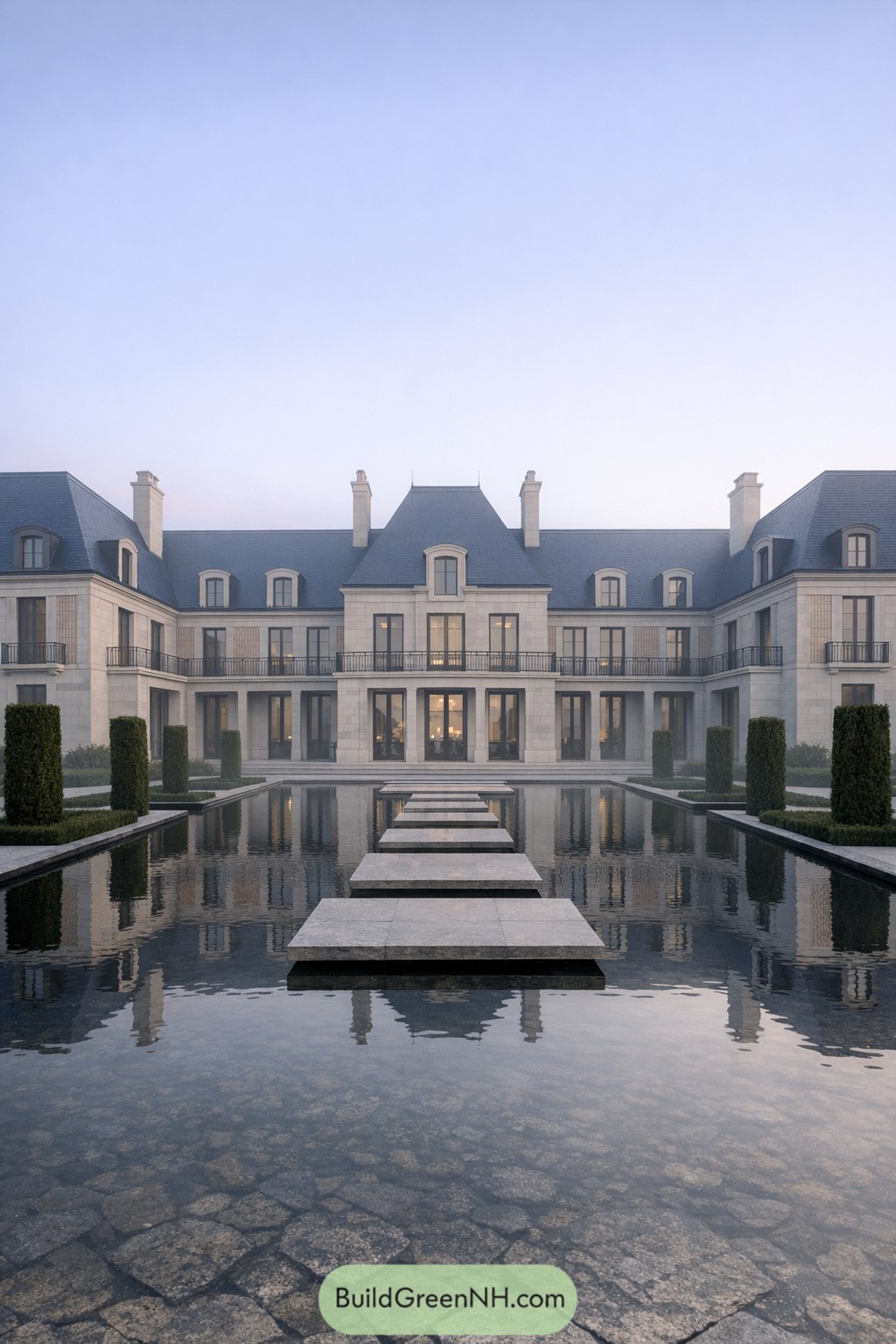 A modern French château shown fully from a low, wide vantage: a U-shaped plan embracing a formal courtyard, with pale grey stone and sections of glazed terracotta baguettes set vertically for a subtle pattern; roof in deep slate with razor-clean ridges and integrated gutters; tall French doors in dark bronze open to a continuous balcony with minimalist ironwork. The courtyard is landscaped as a contemporary water parterre—shallow basins, floating stone pads, and clipped yew columns—shot on a calm foggy dawn where the architecture dissolves into atmosphere while staying fully in frame. single real-life photo, high-resolution, full-frame, 28mm, f/8, ISO 100, ultra high detail, editorial architecture photography, cinematic composition, no people, no animals, no text, soft lighting, strictly no collages.