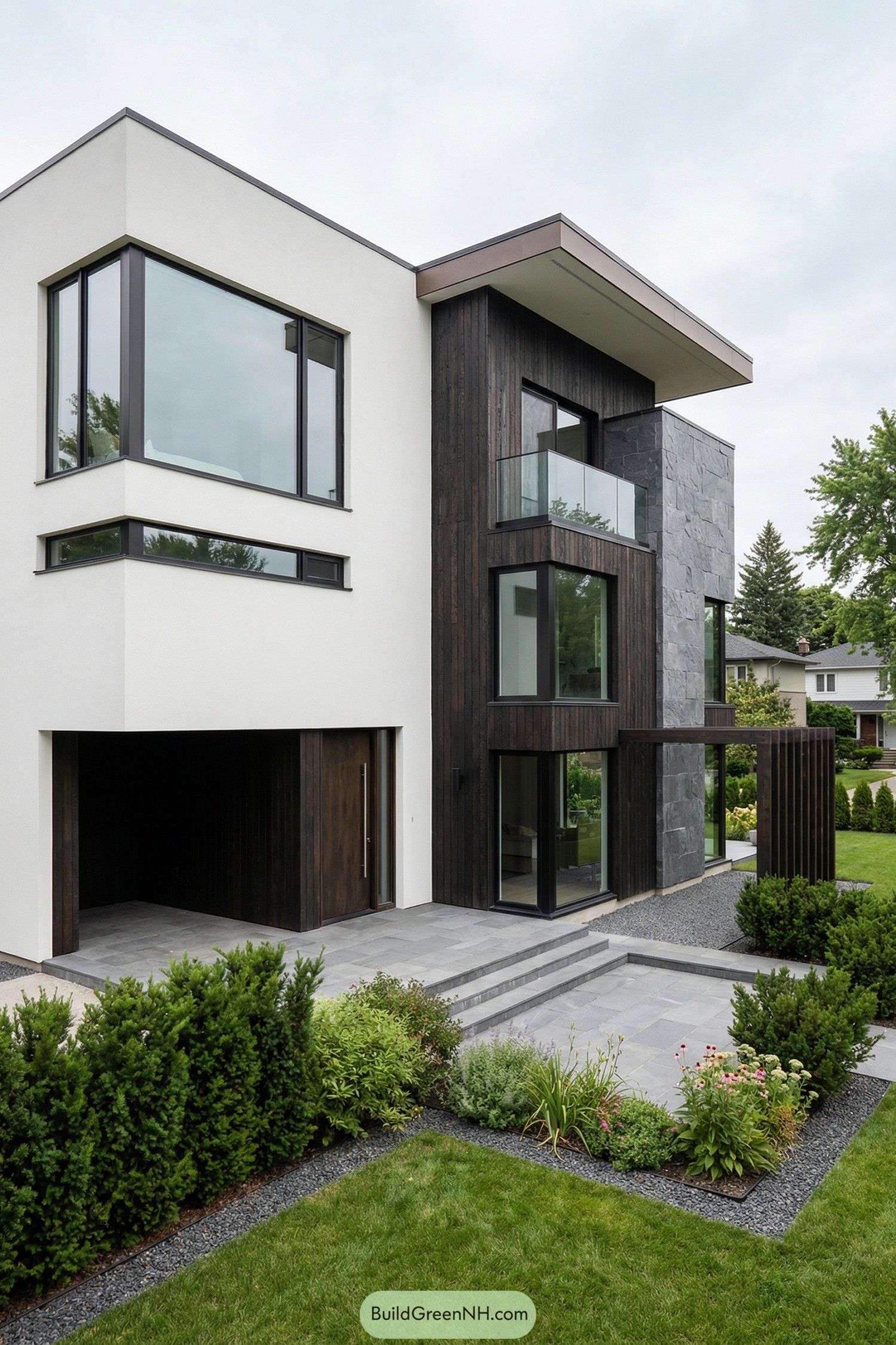 Three story modern house with garden