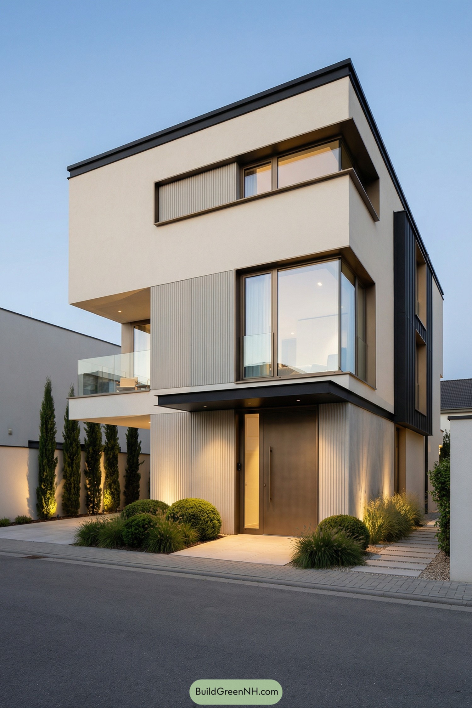 Modern three story house with clean lines and small sculpted front garden