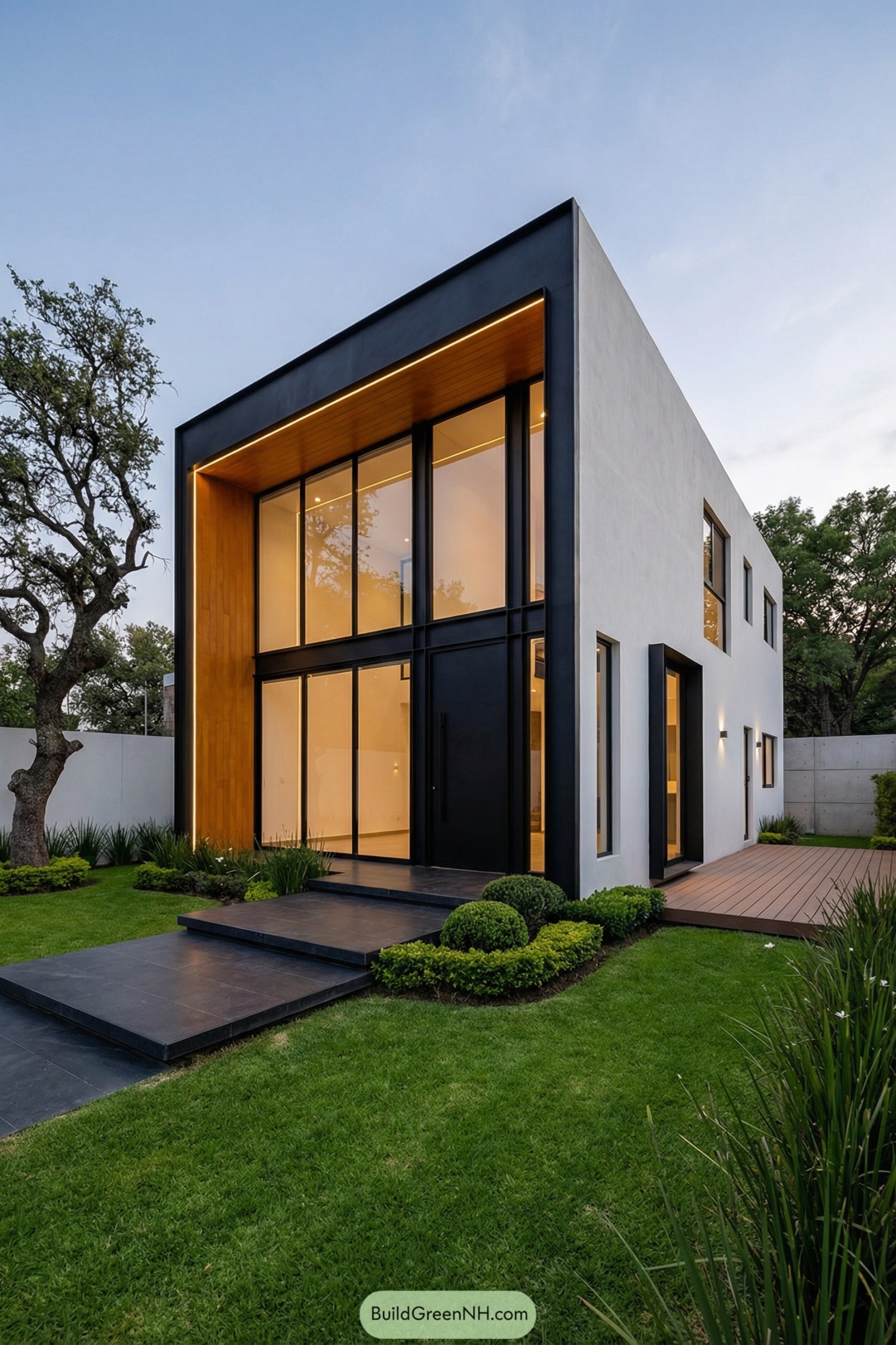 Modern cubic house with tall glass front, black framing, and manicured garden path