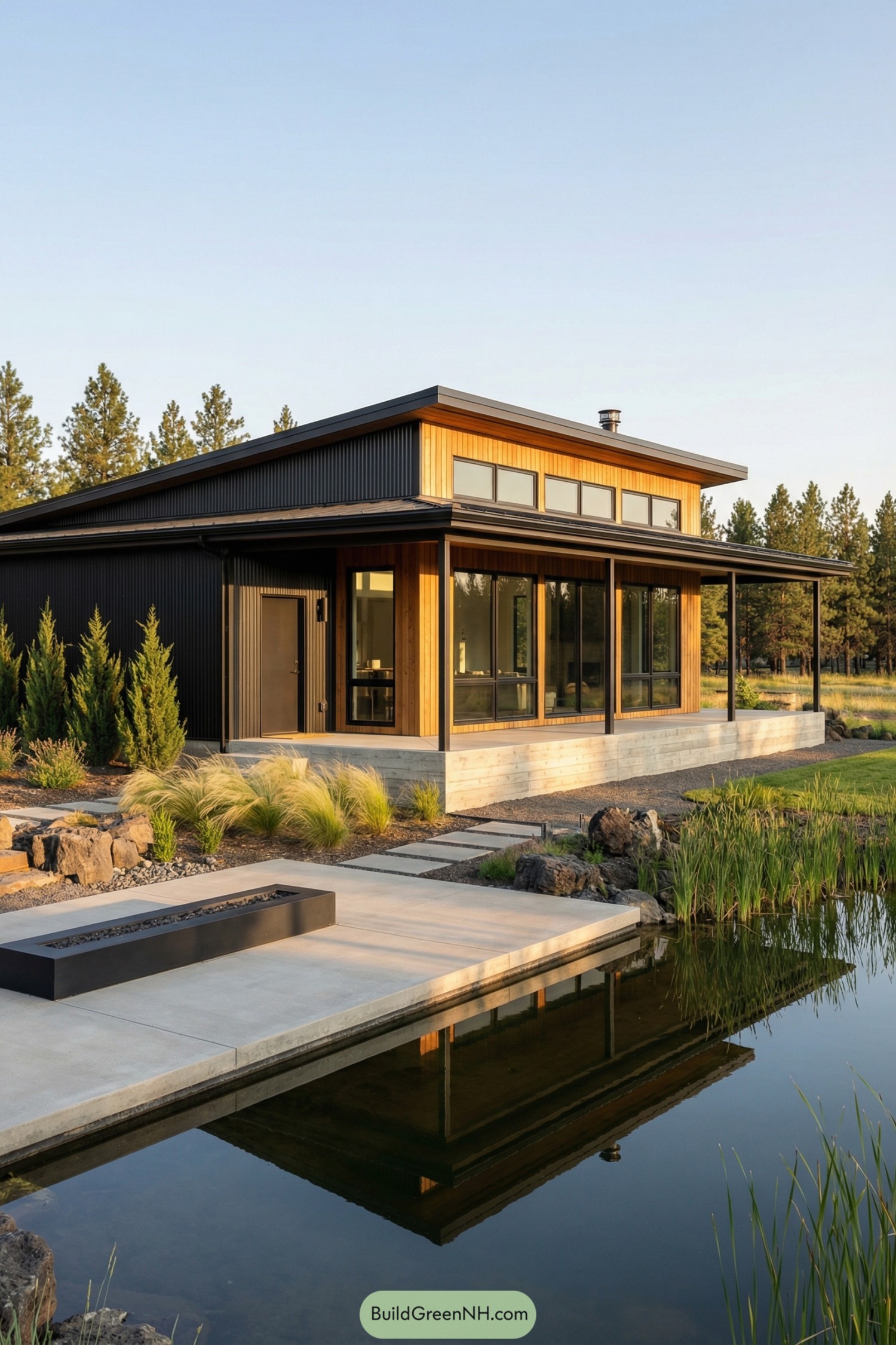 Modern ranch barndominium with shed roof beside a reflecting pond