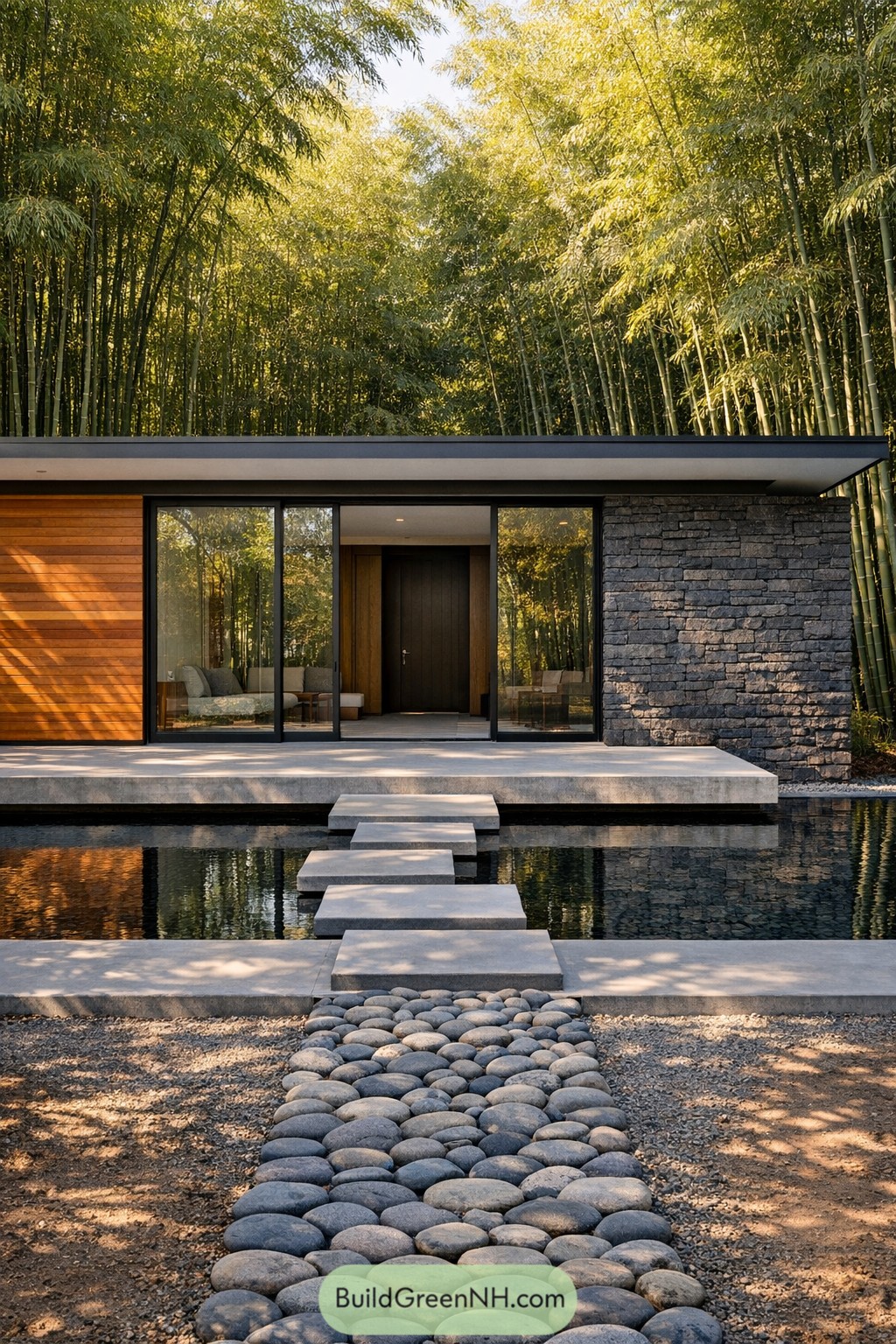 Modern low house with stone and wood facade beside reflecting pool in dense bamboo grove