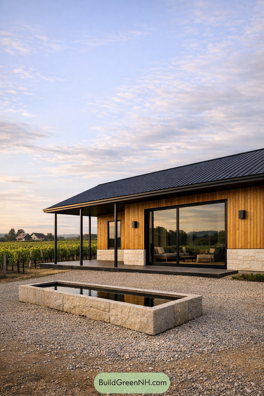 Modern single story house with wood and stone exterior beside a long stone reflecting pool in a vineyard setting