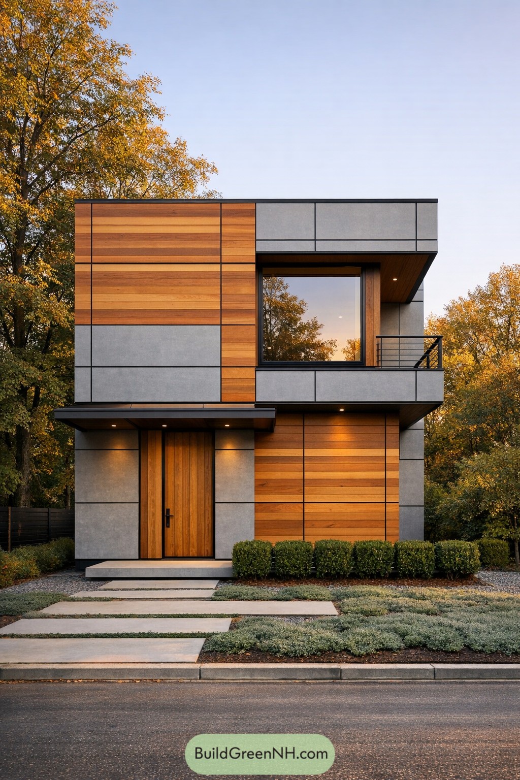 Modern two story small house with gray panels and warm horizontal wood cladding