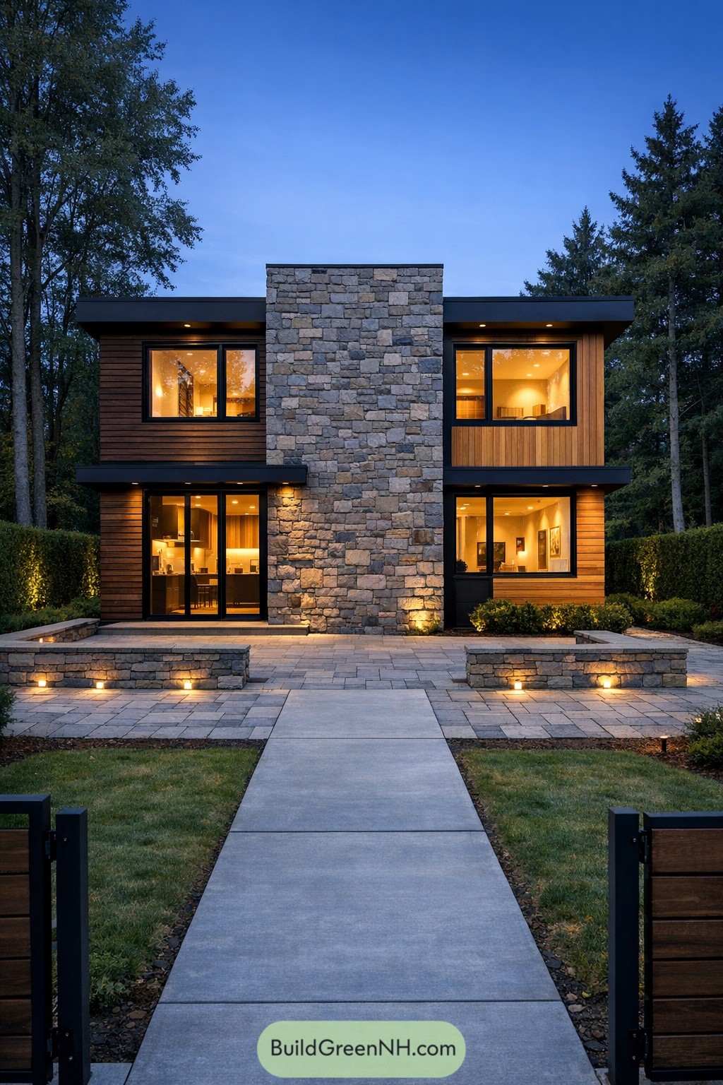 Modern two story house with central stone tower and warm lit wood and glass facade at dusk