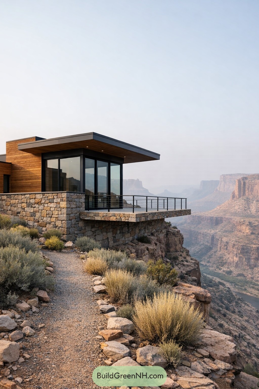 Modern wood and stone house perched over canyon edge