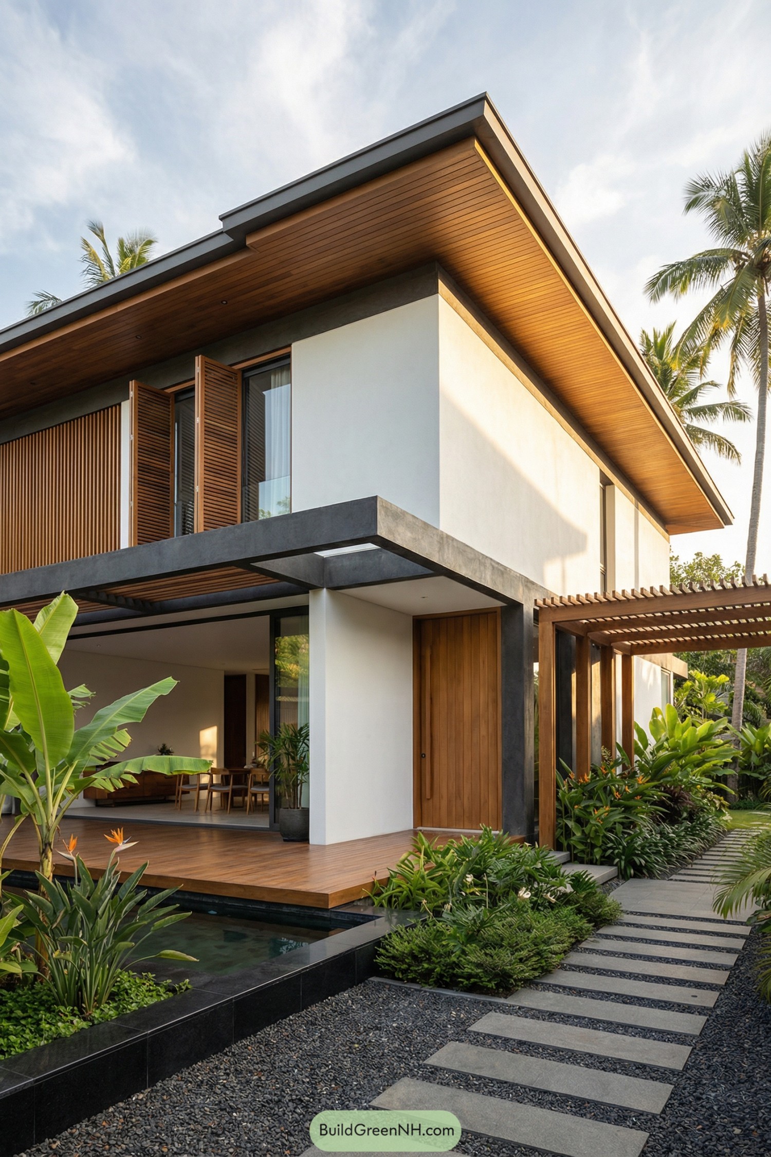 Modern two story tropical house with wood accents opening to a lush garden, stone path, and reflecting pond