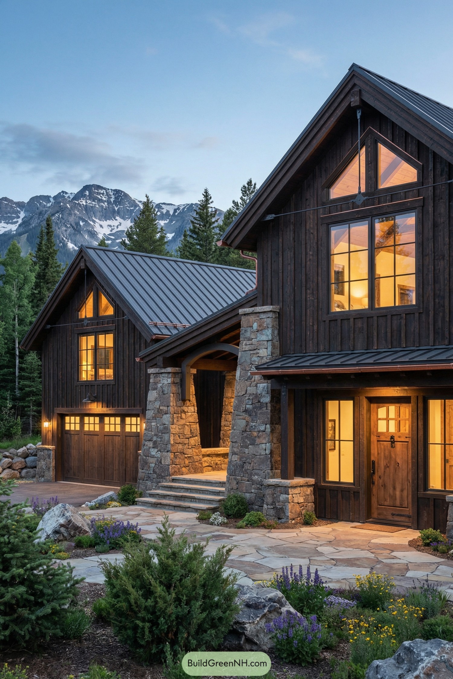Rustic dark wood barndominium with stone breezeway framed by mountain and forest backdrop