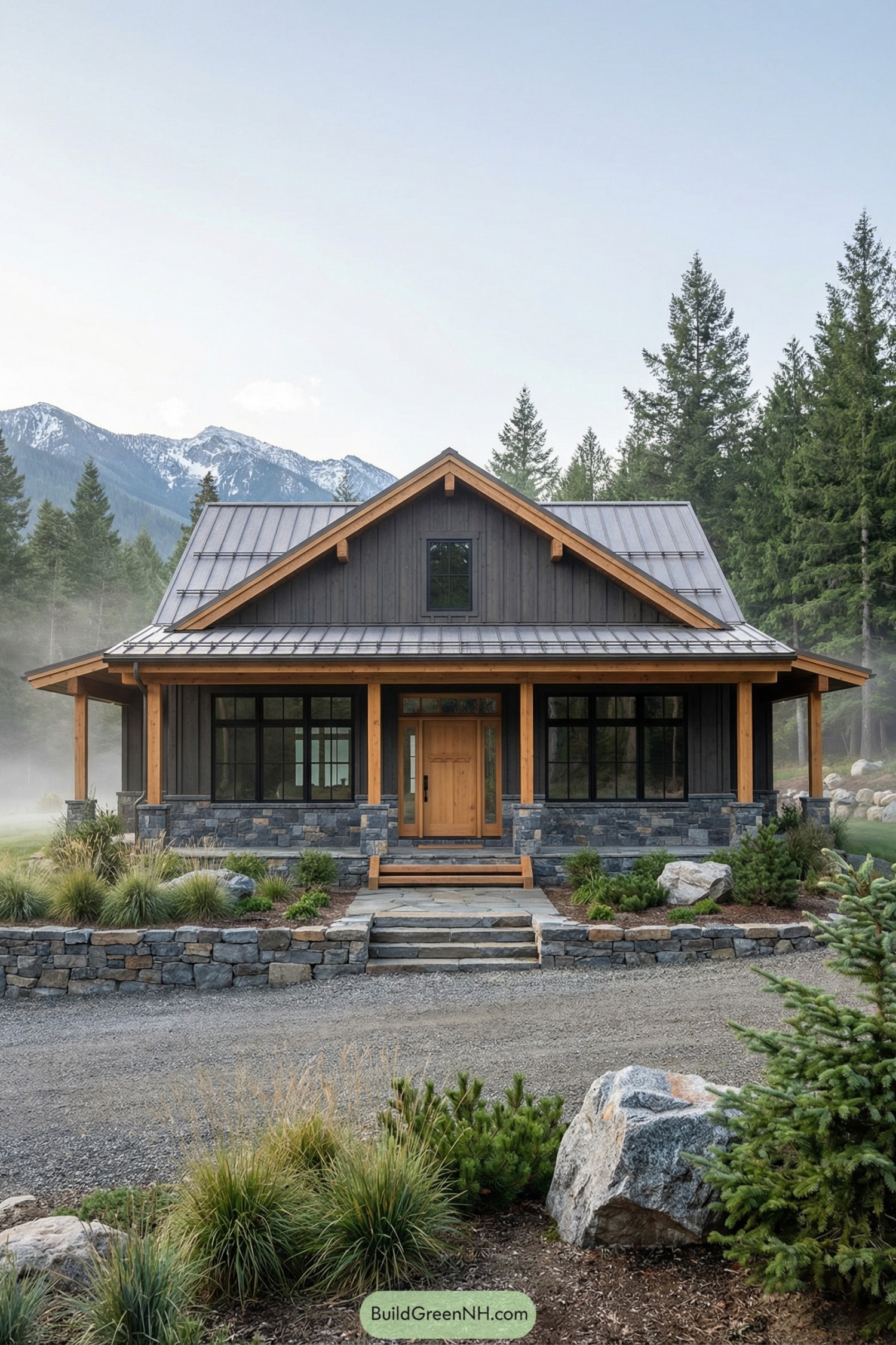 Cozy gray ranch barndominium with timber porch and stone base in a misty mountain setting