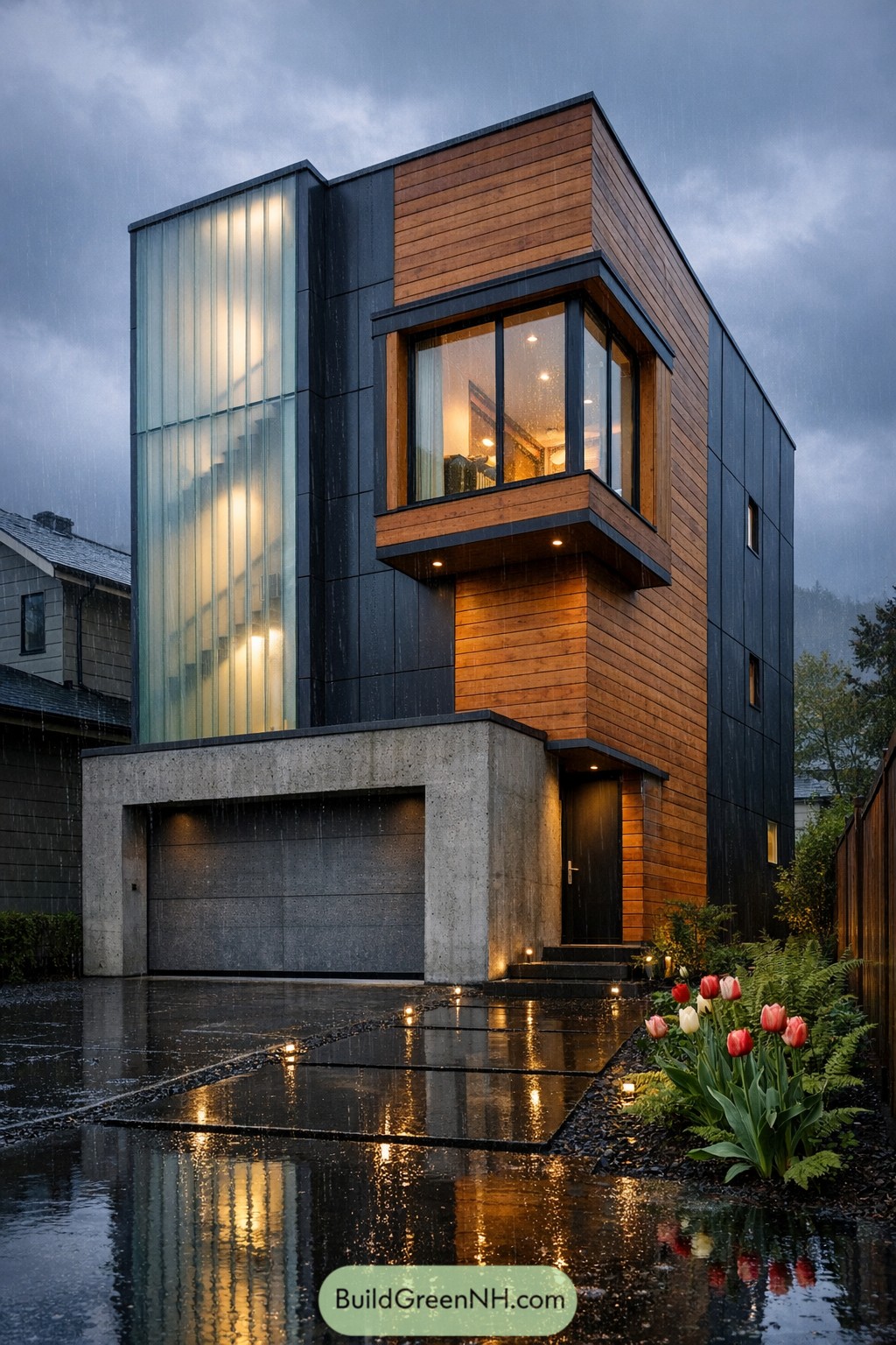 Modern narrow house with concrete base wood cladding and glowing glass stair tower on a rainy evening