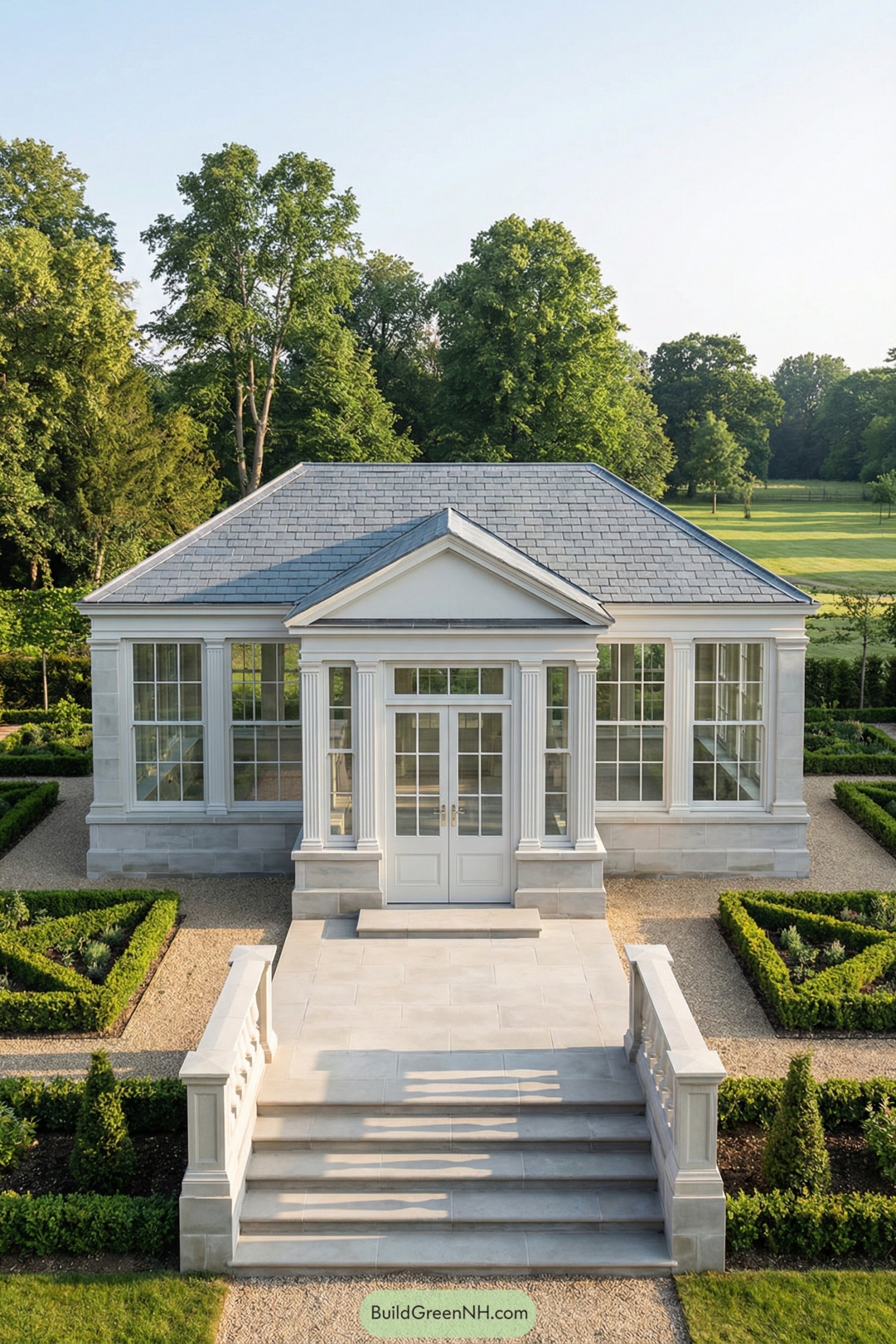 Elegant white garden pavilion with large windows framed by classical columns and formal hedged paths