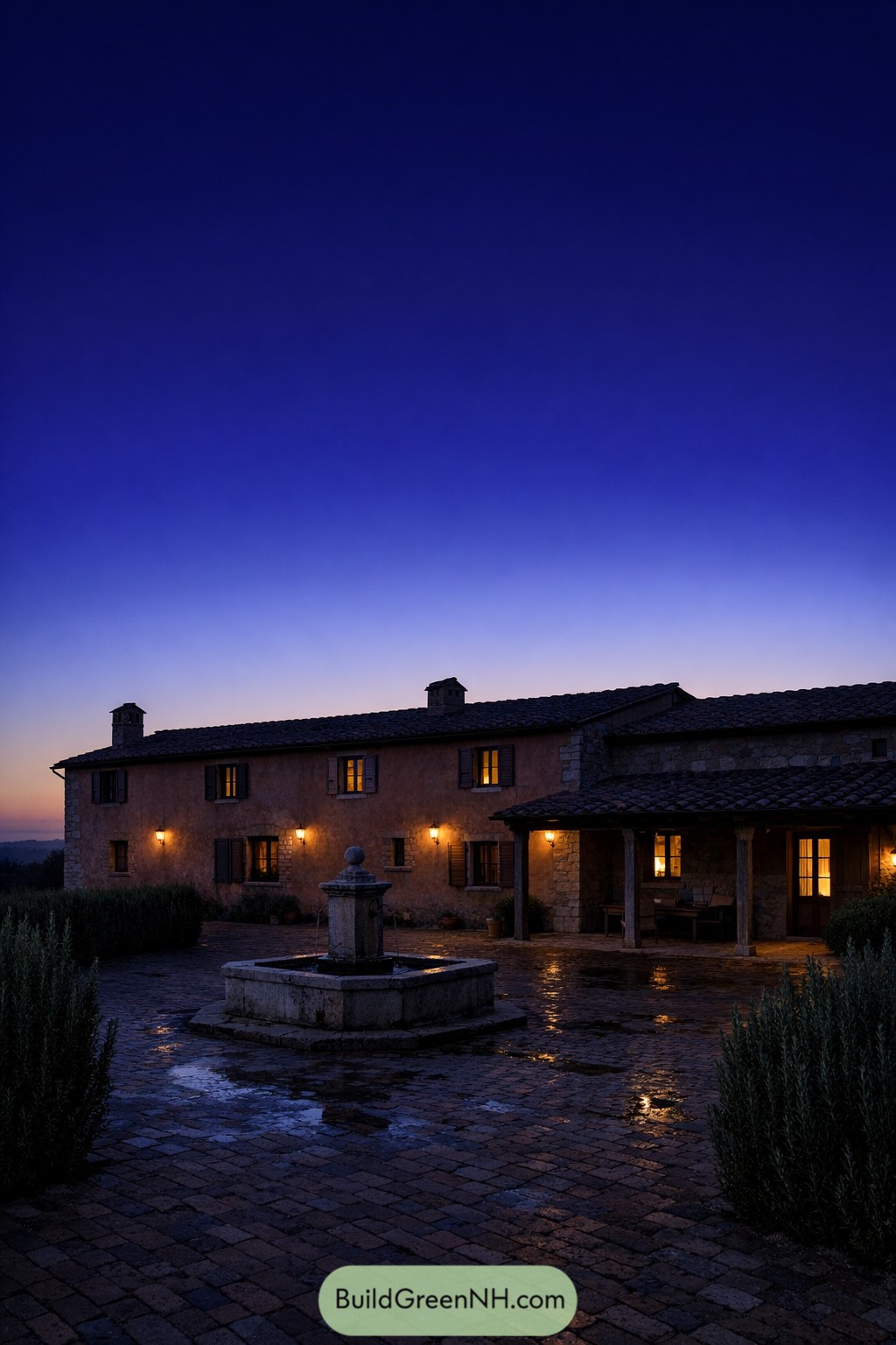Stone farmhouse with lit courtyard fountain at dusk