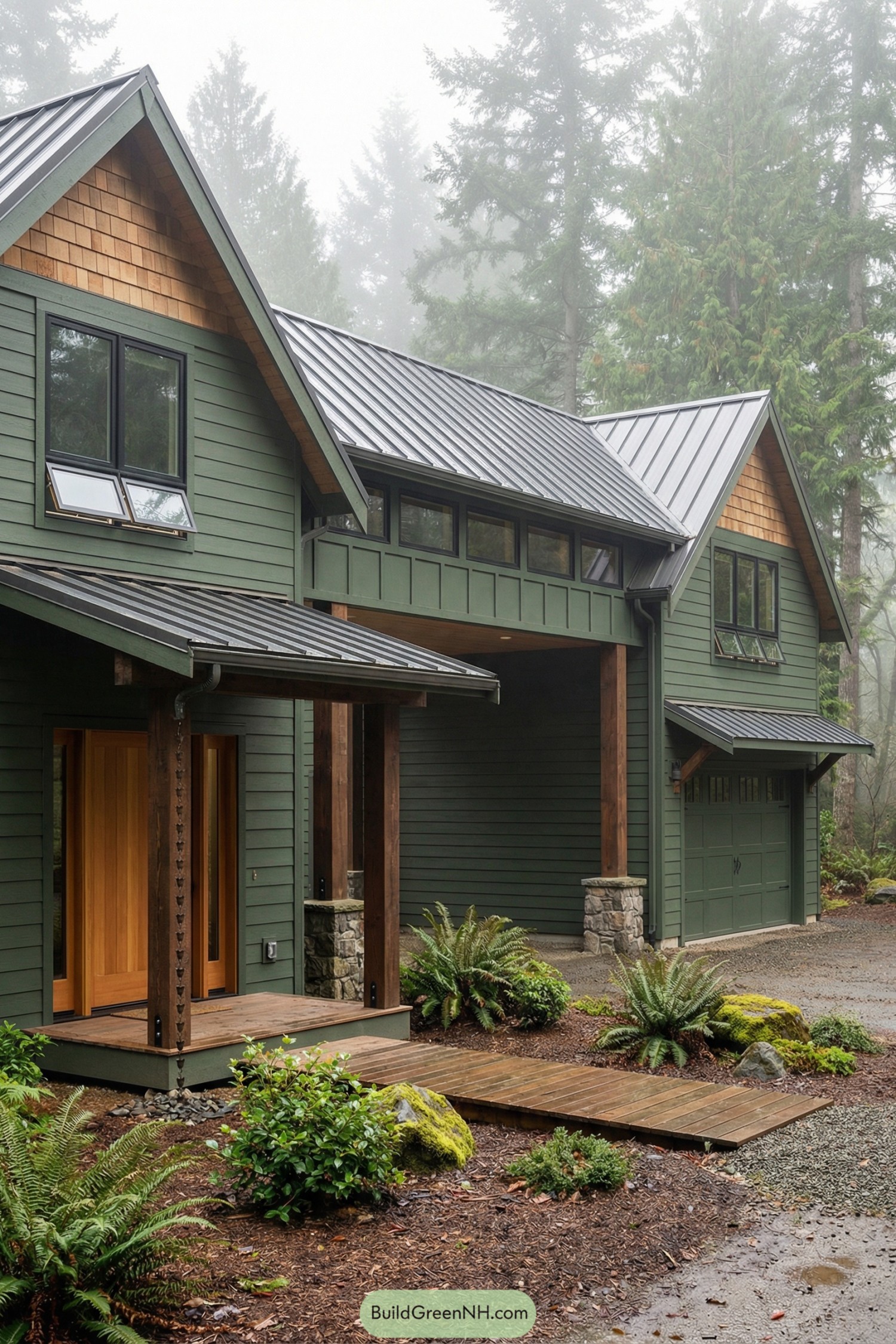 Green barndominium with covered breezeway and wood walkway in a misty forest setting
