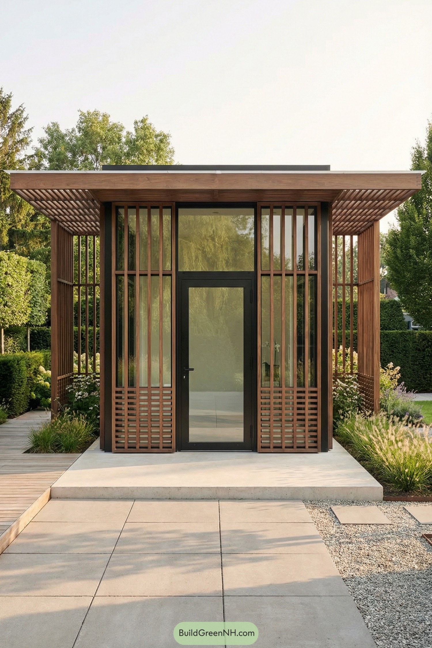 Compact glass garden house with wood slat facade and flat roof surrounded by landscaping