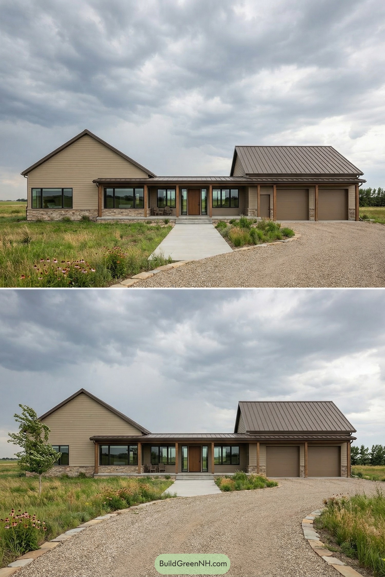 Single story tan barndominium with metal roof and covered breezeway porch connecting house and garage, set in open fields under cloudy skies