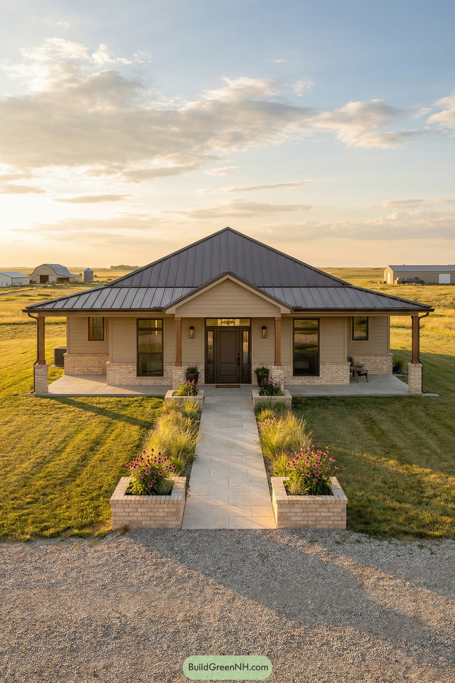 Single story ranch barndominium with a broad metal hip roof, wraparound porch, and landscaped walkway framed by brick planters