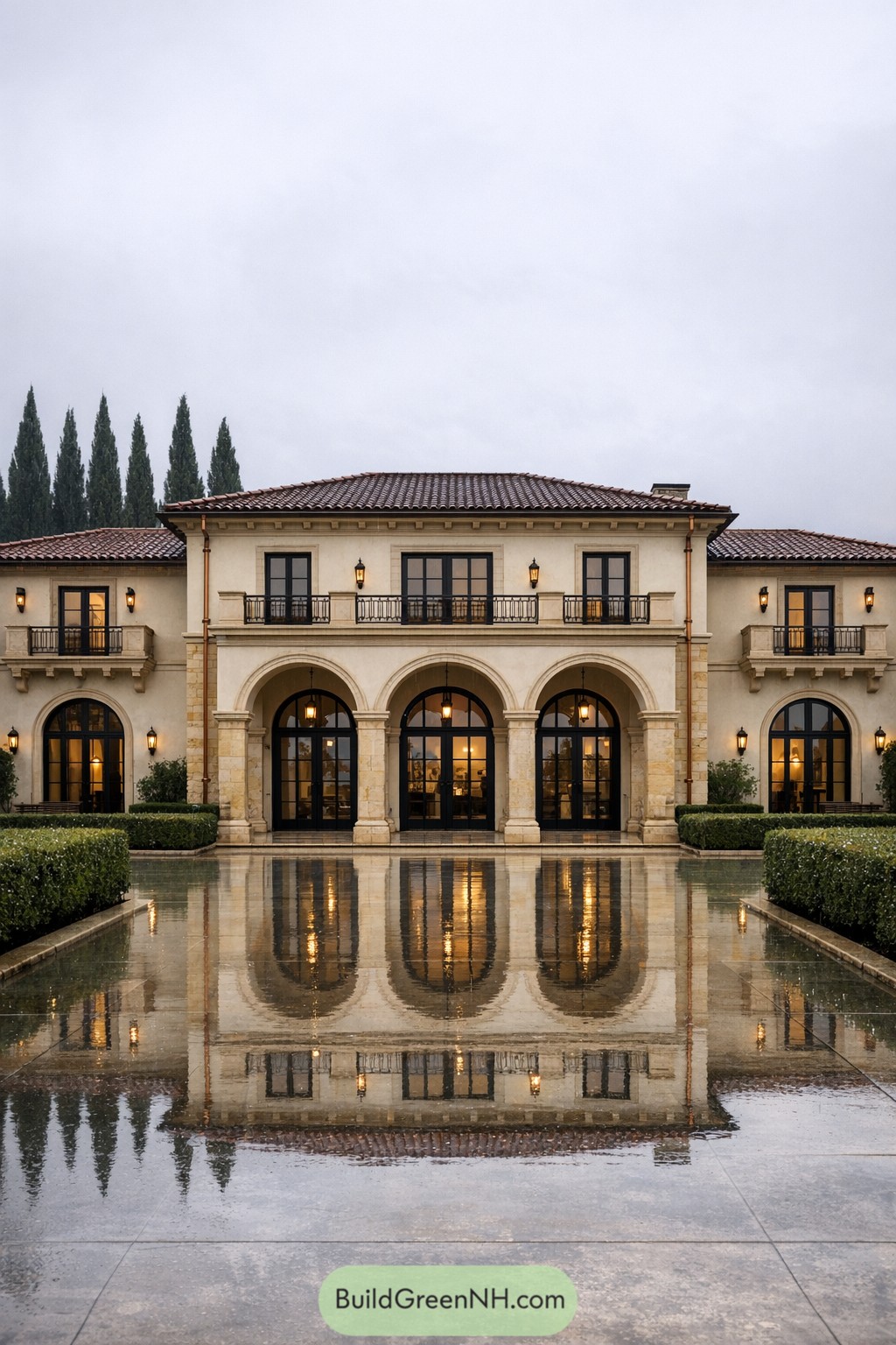 Mediterranean-style luxury estate reflected on polished courtyard surface
