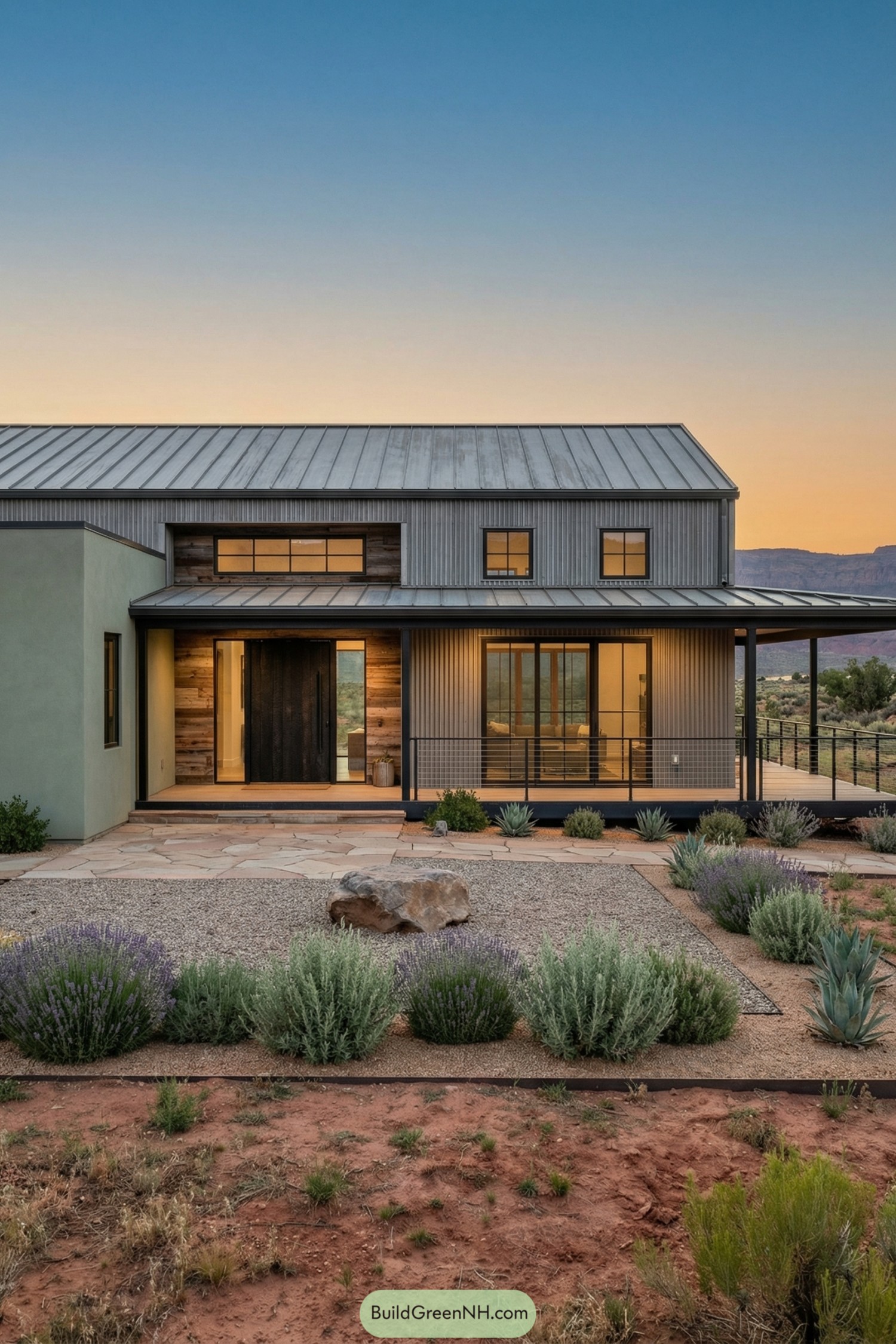 Modern barndominium with metal roof and desert landscaping
