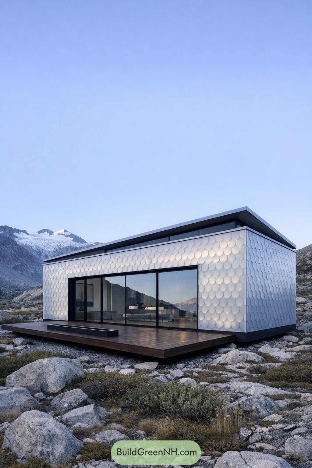 Modern container house with silvery scale cladding and large glass wall in a rocky alpine landscape