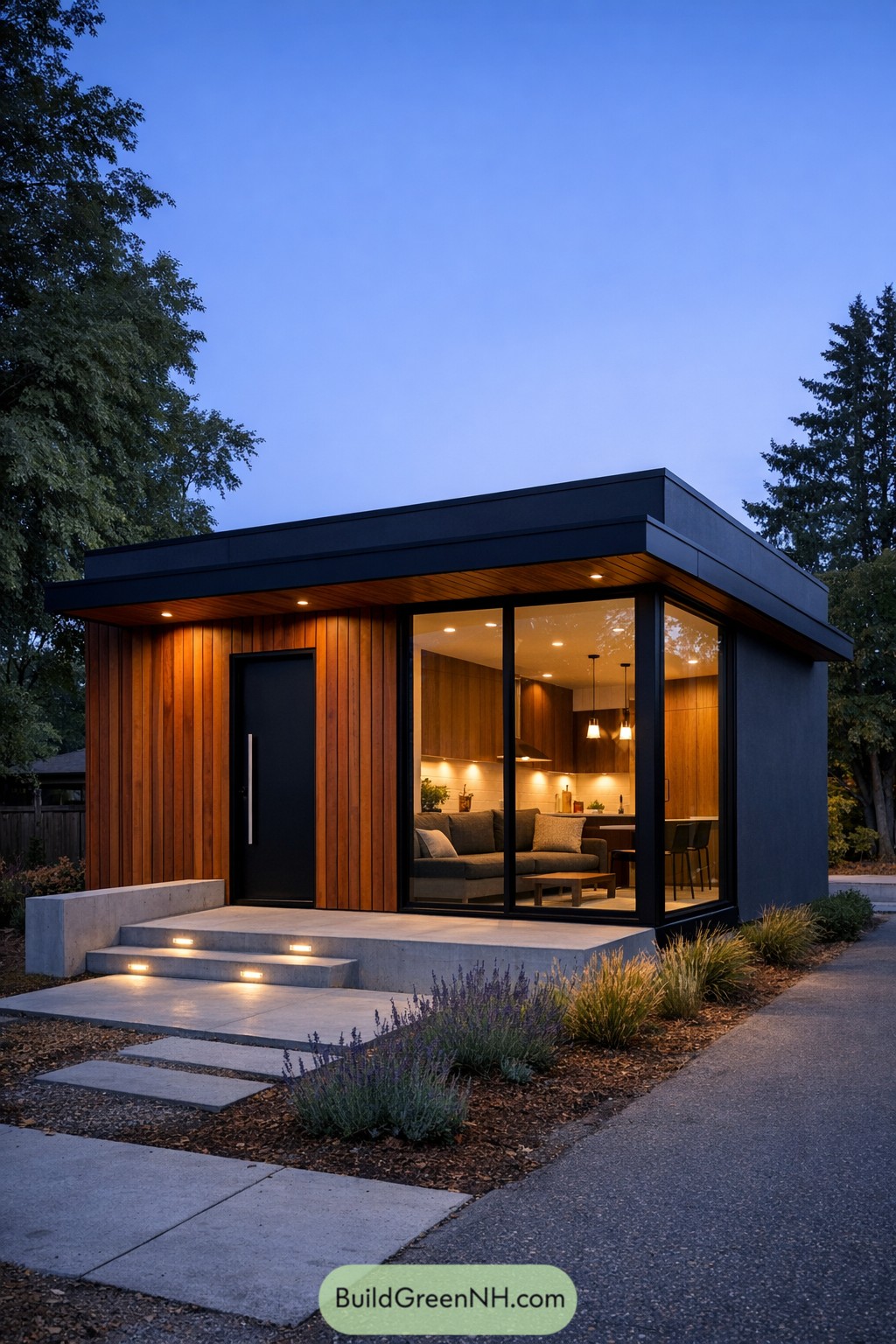 Modern tiny house with cedar facade, dark trim, and large corner windows at dusk