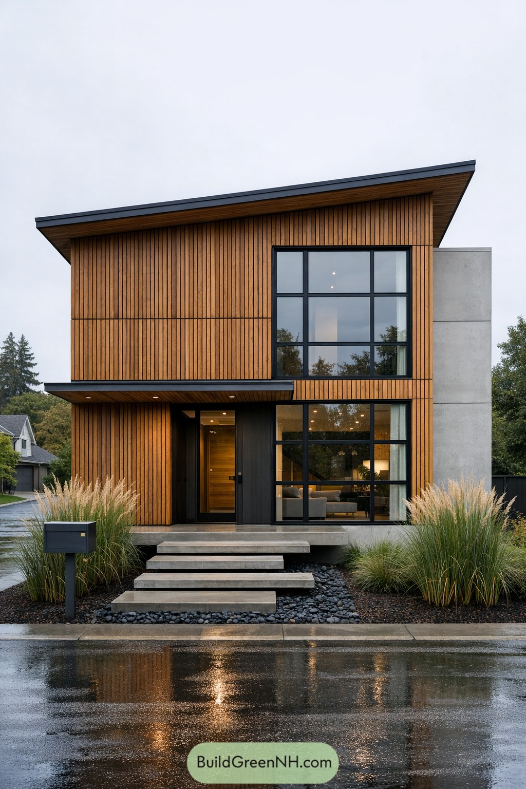 Modern two story wood house with tall windows and a slanted roof on a rainy suburban street