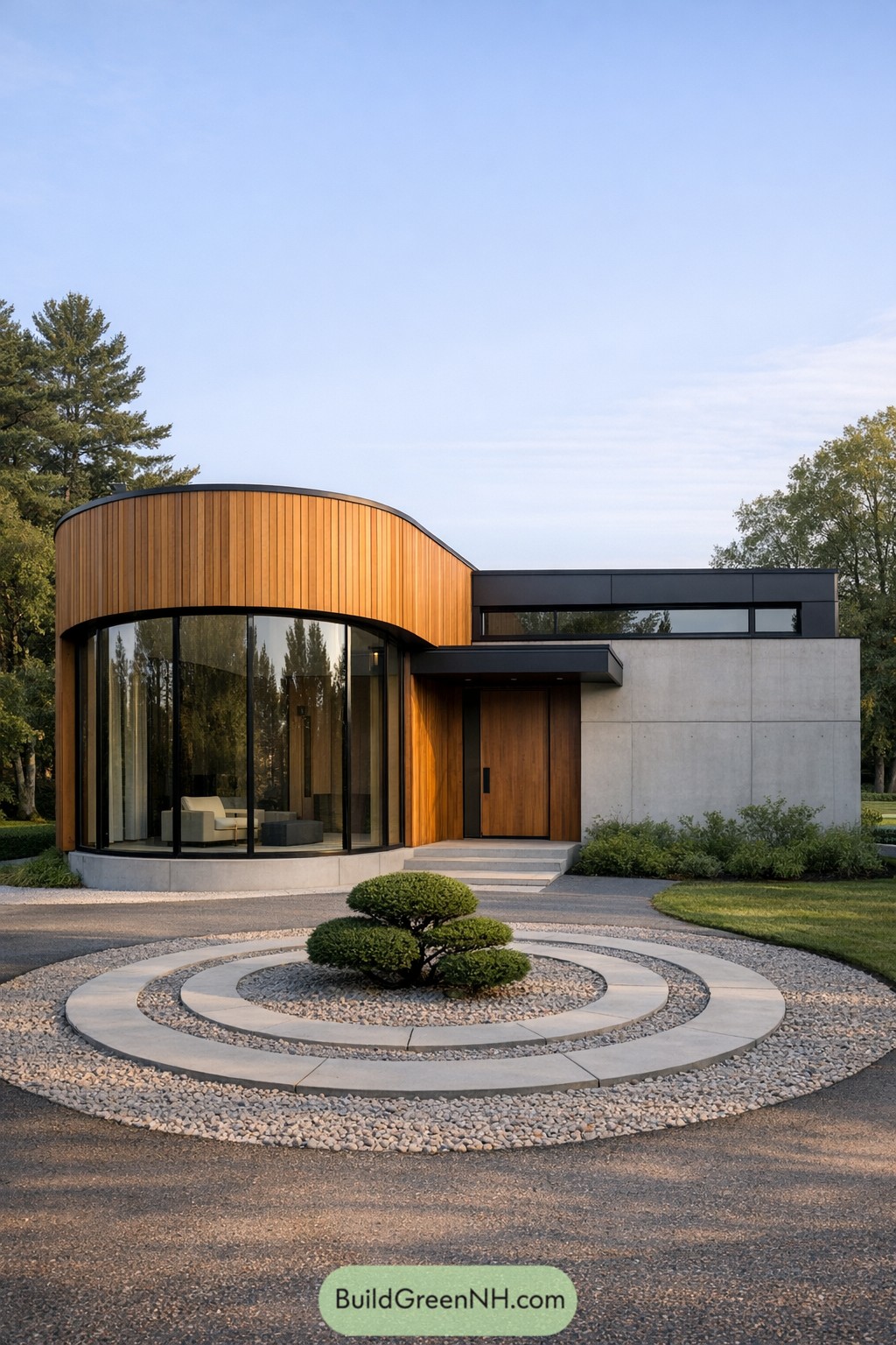 Modern small house with curved wood facade, large glass corner, and circular gravel courtyard featuring a sculpted shrub