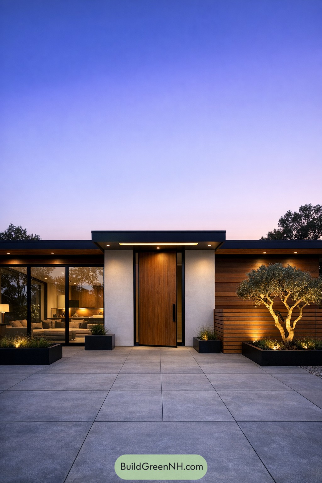 Modern single story house with wide wood door glass wall and wood siding at dusk
