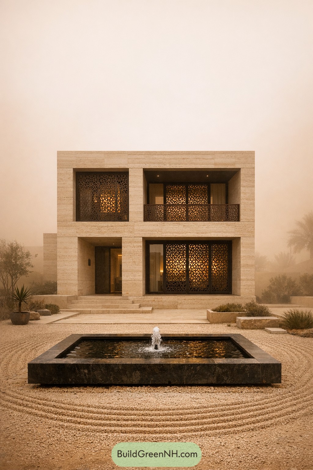 Two-story sandstone house with intricate metal screens and a square fountain in front