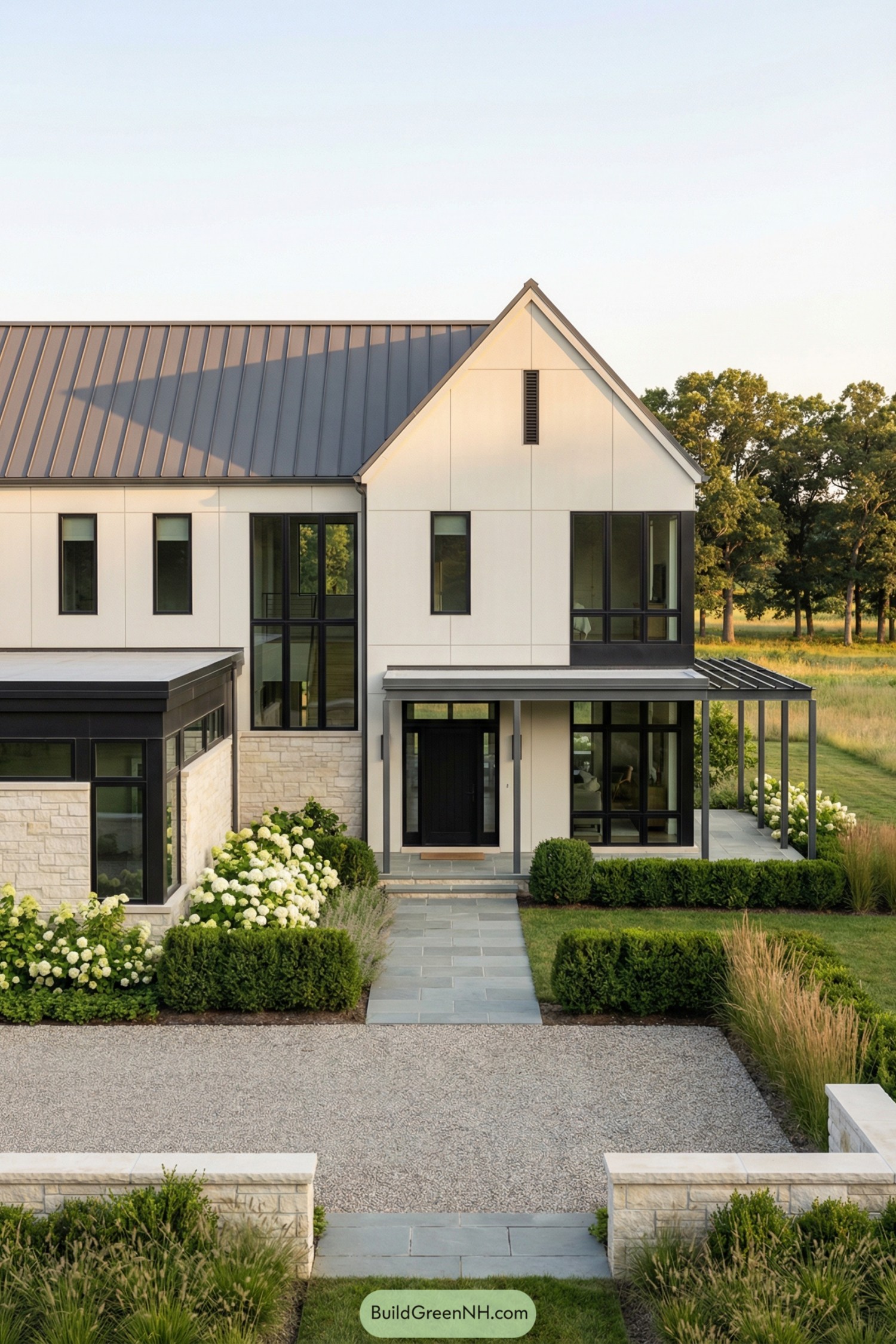 A refined modern farmhouse interpretation with a crisp contemporary facade and simplified gable geometry, colored in off-white fiber-cement panels with matte black window frames and a base course of pale limestone; the structure is a pair of intersecting volumes with one taller gabled block and a lower flat-roofed wing, built from panel cladding, stone veneer, and blackened steel accents; the roofing is standing-seam metal in charcoal with clean ridge lines and minimal overhangs; windows are tall, gridless panes arranged in balanced groupings, including a double-height glazing section under the gable; the entry is a recessed black timber door with a slim transom; a straight walkway of large rectangular bluestone slabs leads to a covered porch with slender steel posts, extending to a side pergola in black metal; landscaping blends formal and natural with clipped hedges, white hydrangea masses, ornamental grasses, and a gravel drive framed by low stone walls; the surroundings show open meadow and a line of mature oaks; the scene is golden hour with warm light catching the metal roof seams and stone texture, single real-life photo, high-resolution, architectural photography, soft lighting, cinematic composition, strictly no collages.