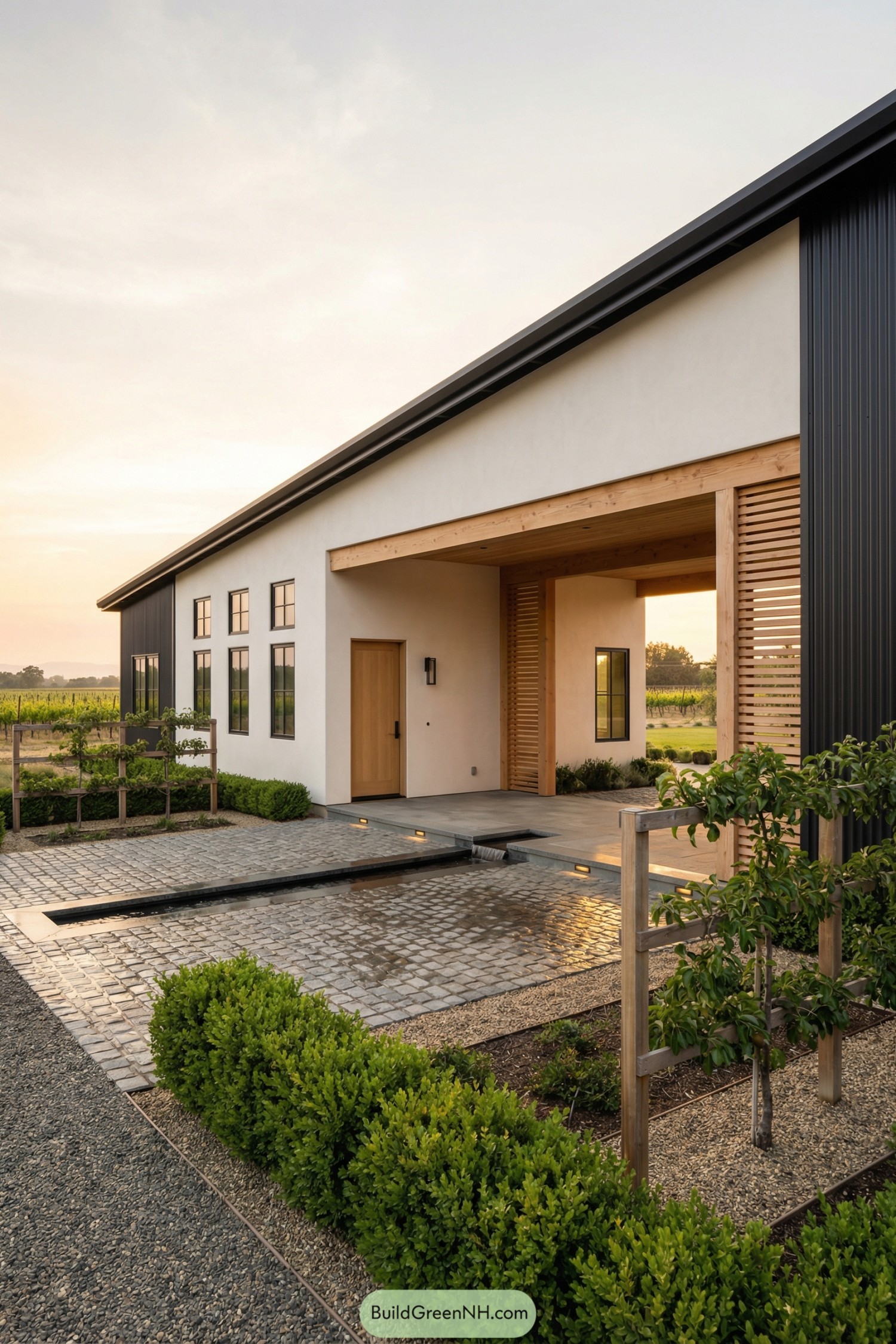 Modern ranch barndominium with covered entry, reflecting pool, and minimalist landscaping