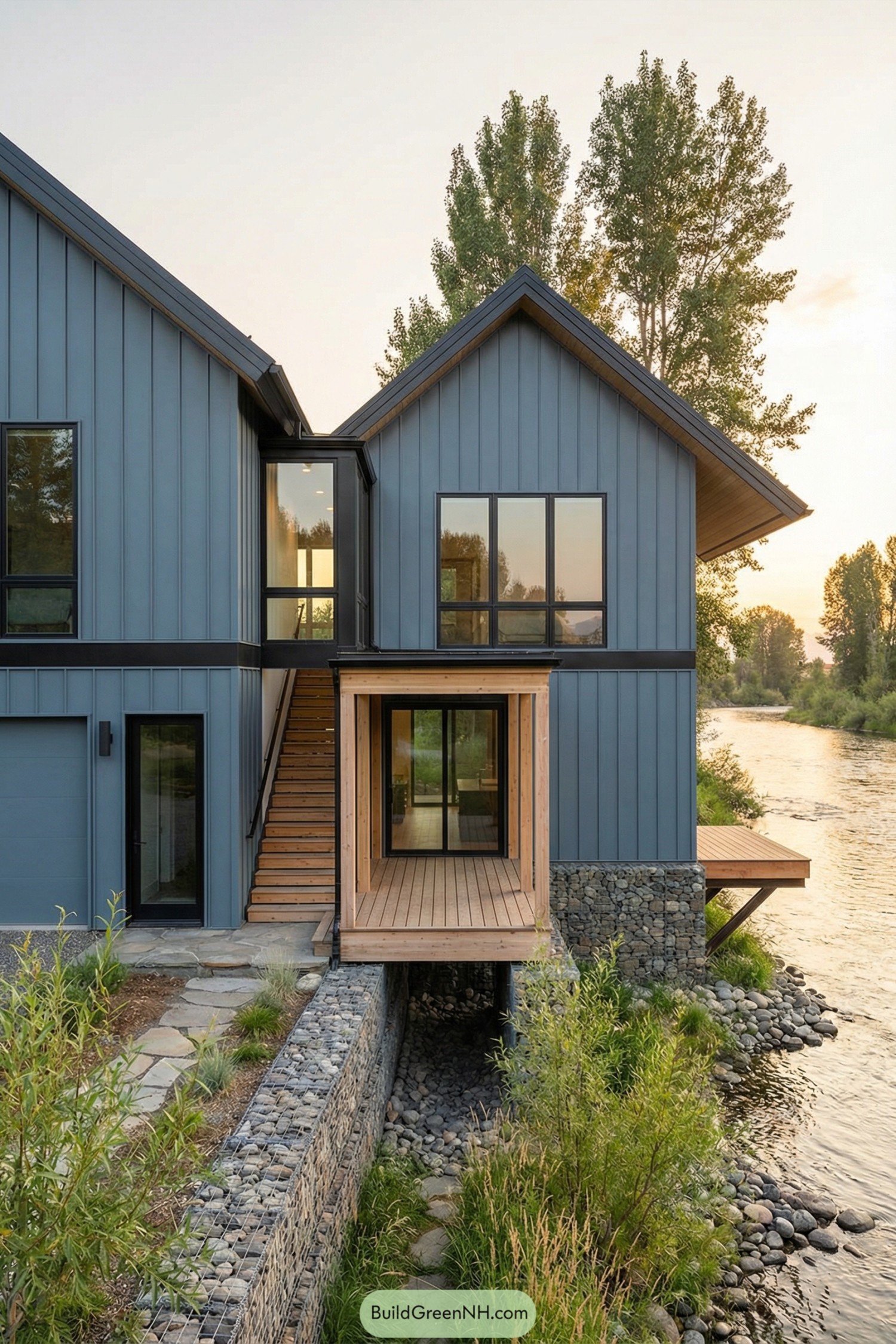 Modern blue barndominium with elevated wood breezeway over rocky riverside