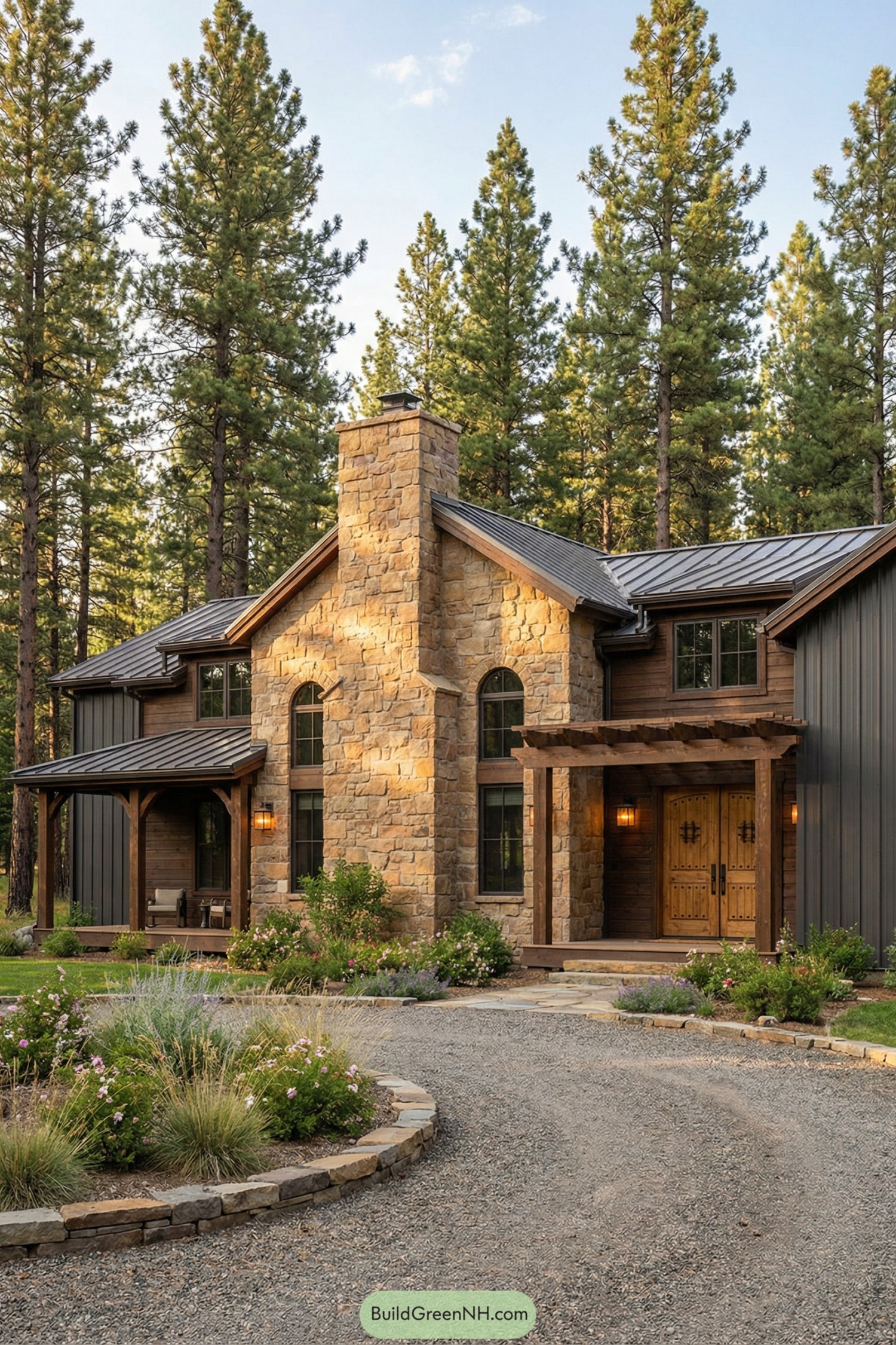 Stone and wood ranch barndominium set among tall pine trees