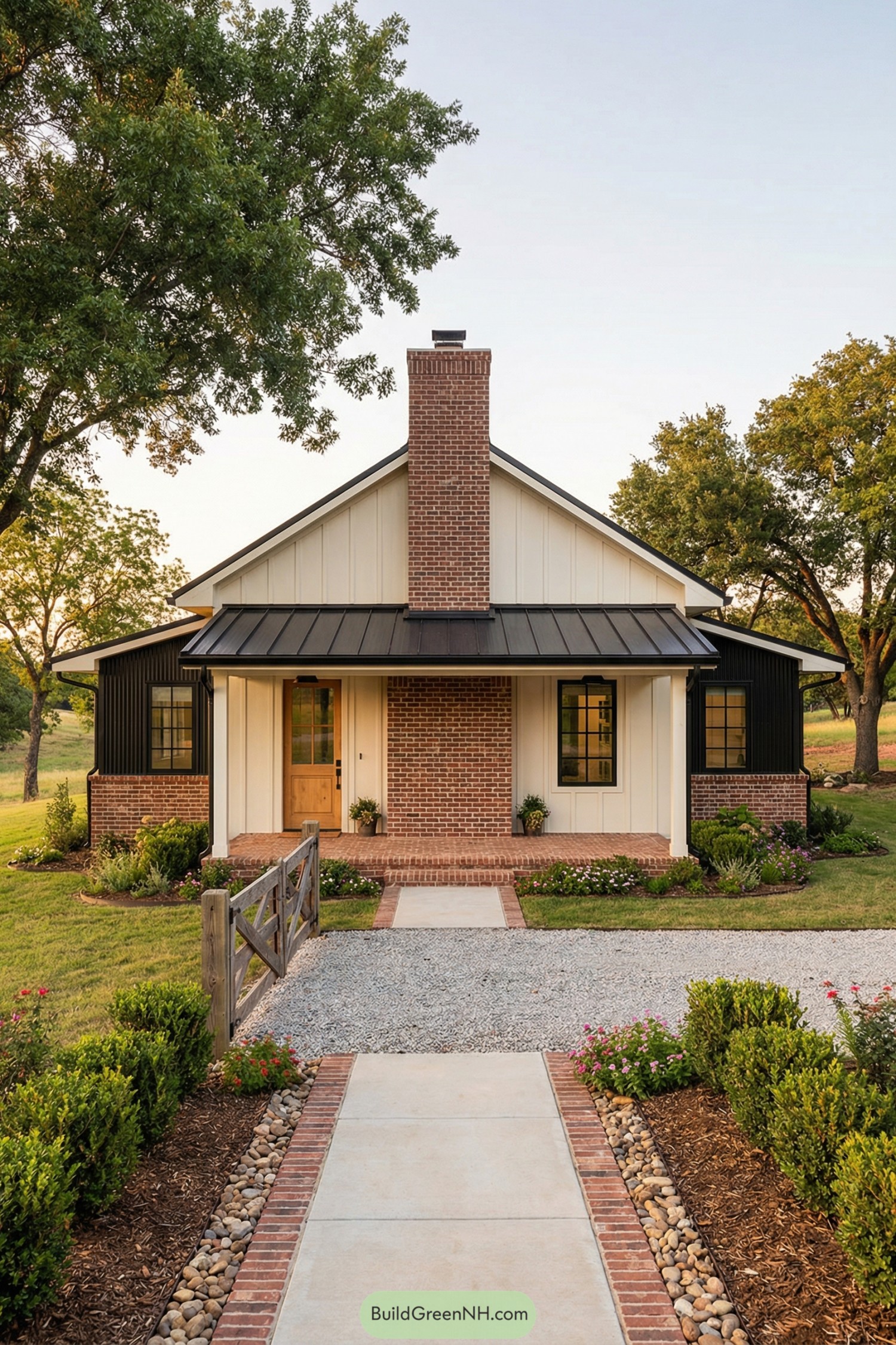 Single story ranch barndominium with central brick chimney front porch and landscaped walkway