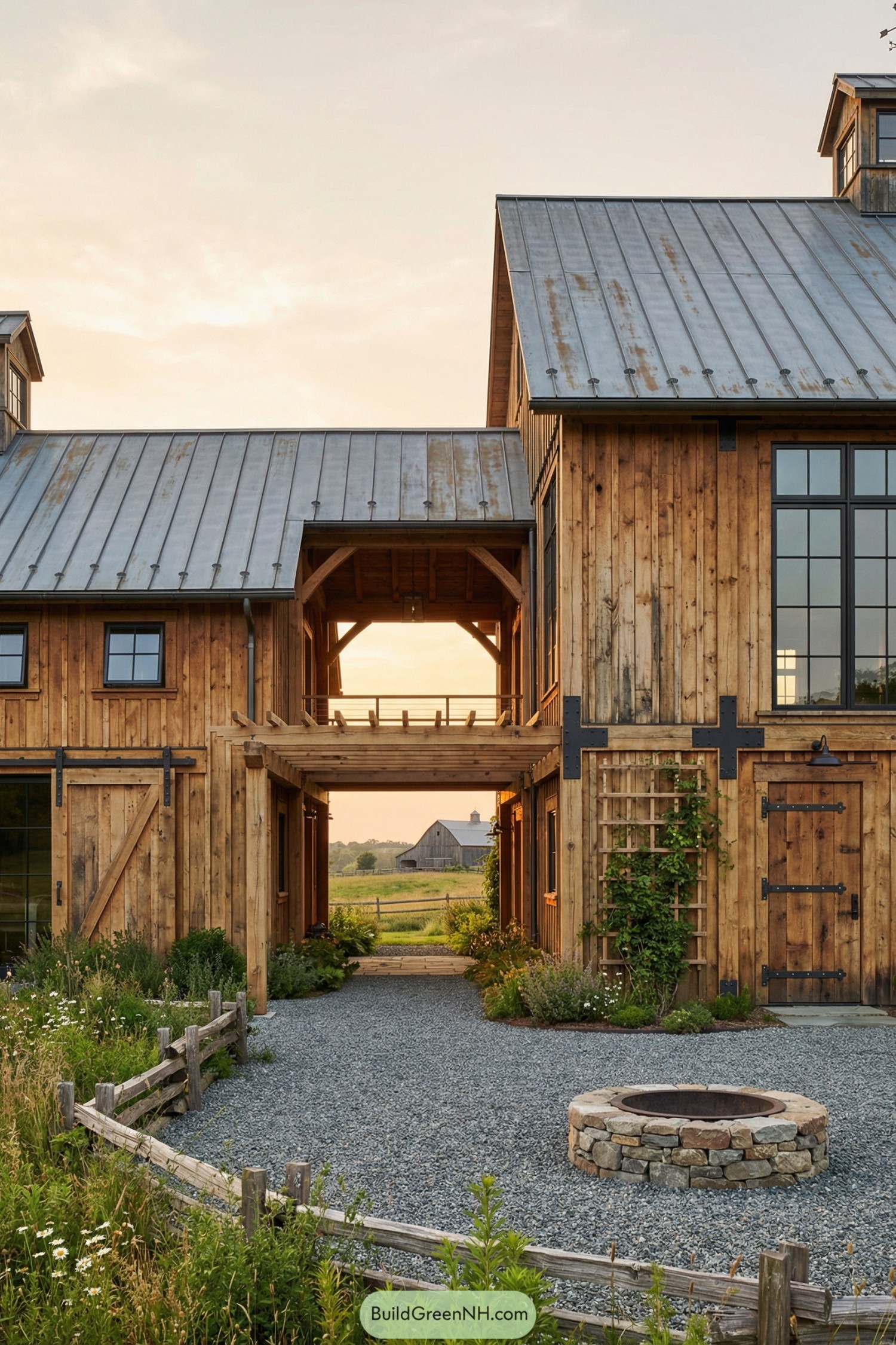Timber barndominium with elevated breezeway and gravel courtyard fire pit