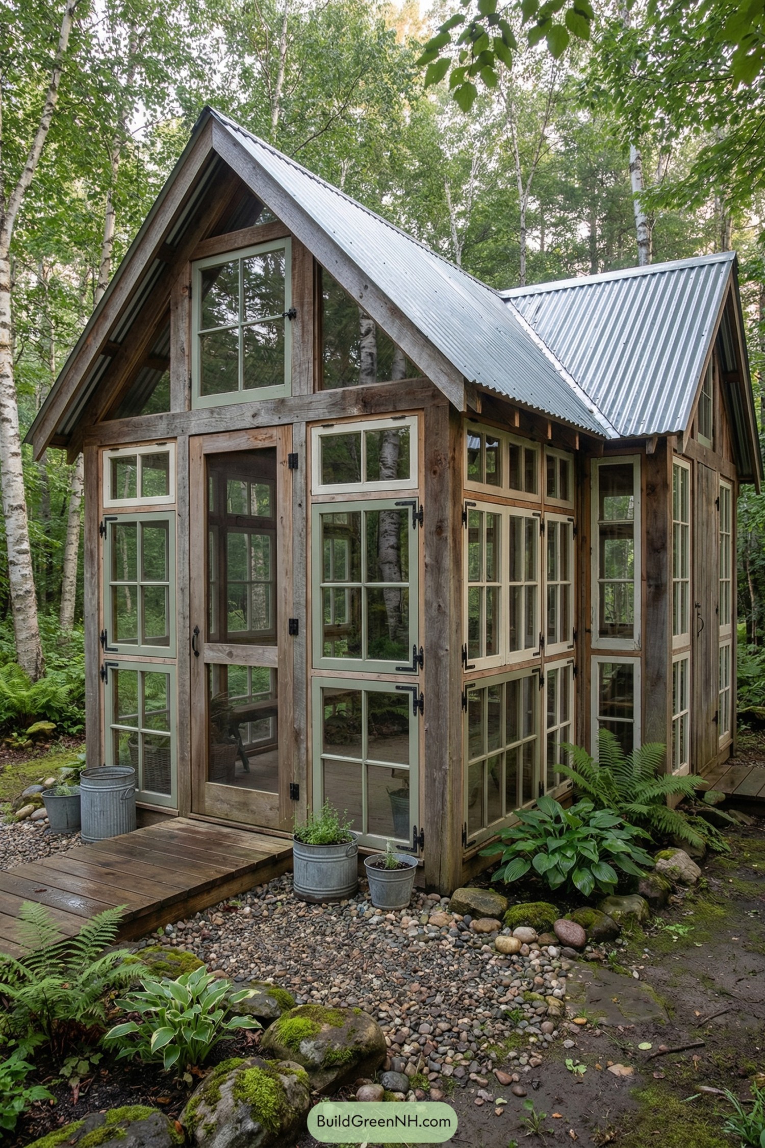 Small rustic glass garden house with reclaimed wood frame and metal roof surrounded by forest plants