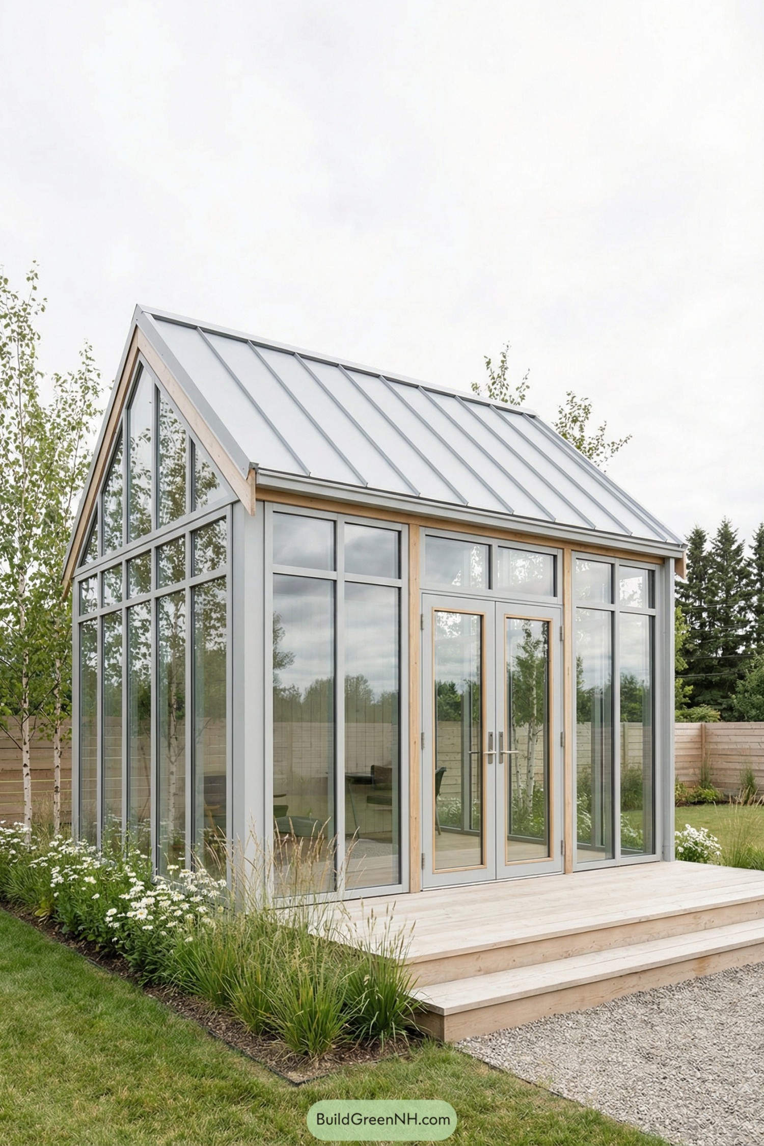 Tall glass garden house with light wood frame and metal gable roof