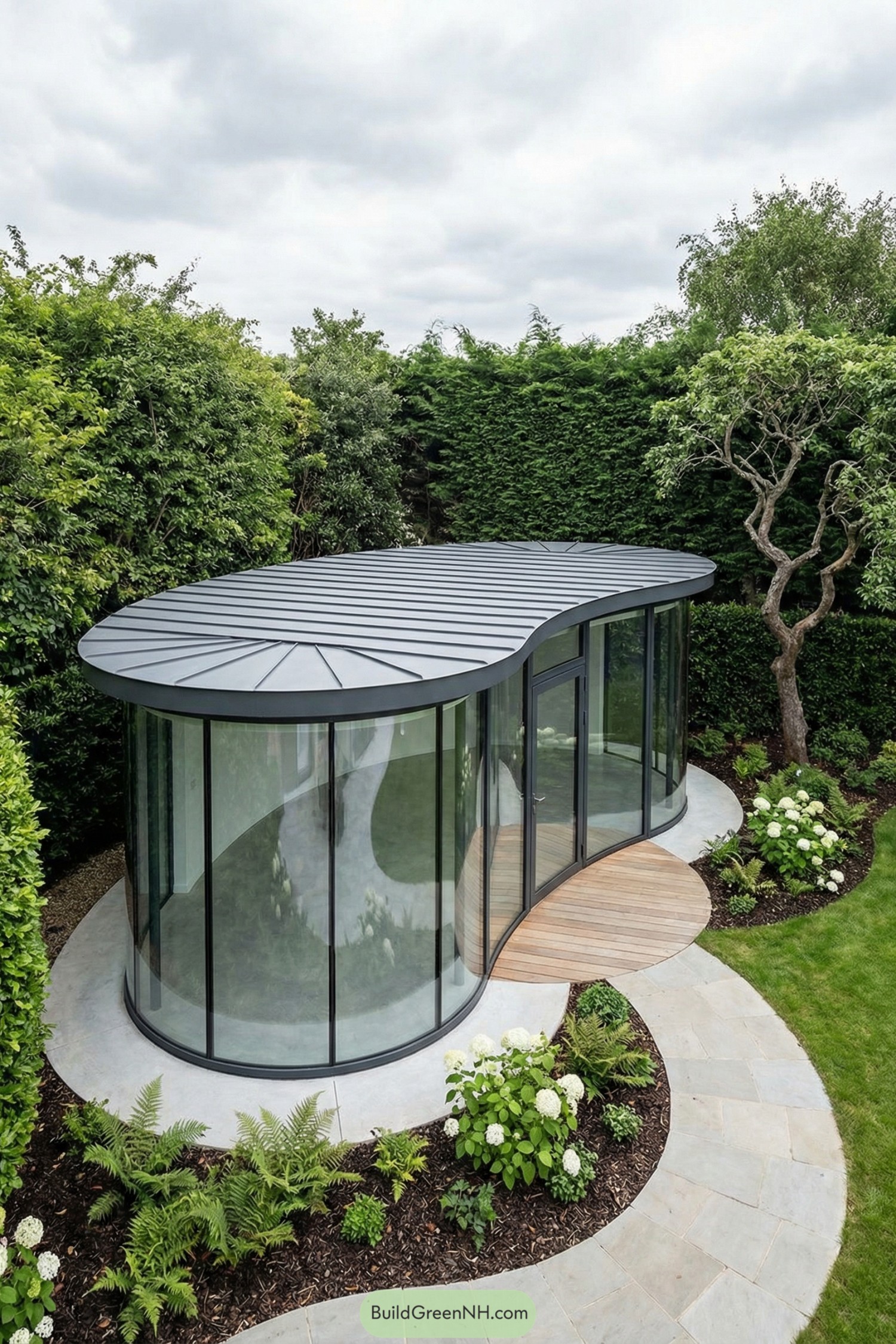 Curved glass garden pavilion with metal roof and surrounding stone path