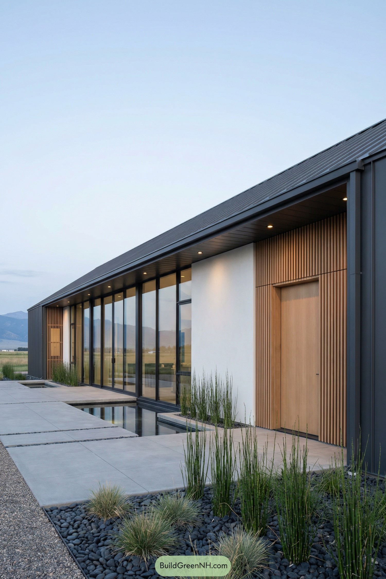 Modern ranch barndominium with long glass facade, wood accents, and reflecting pool entry
