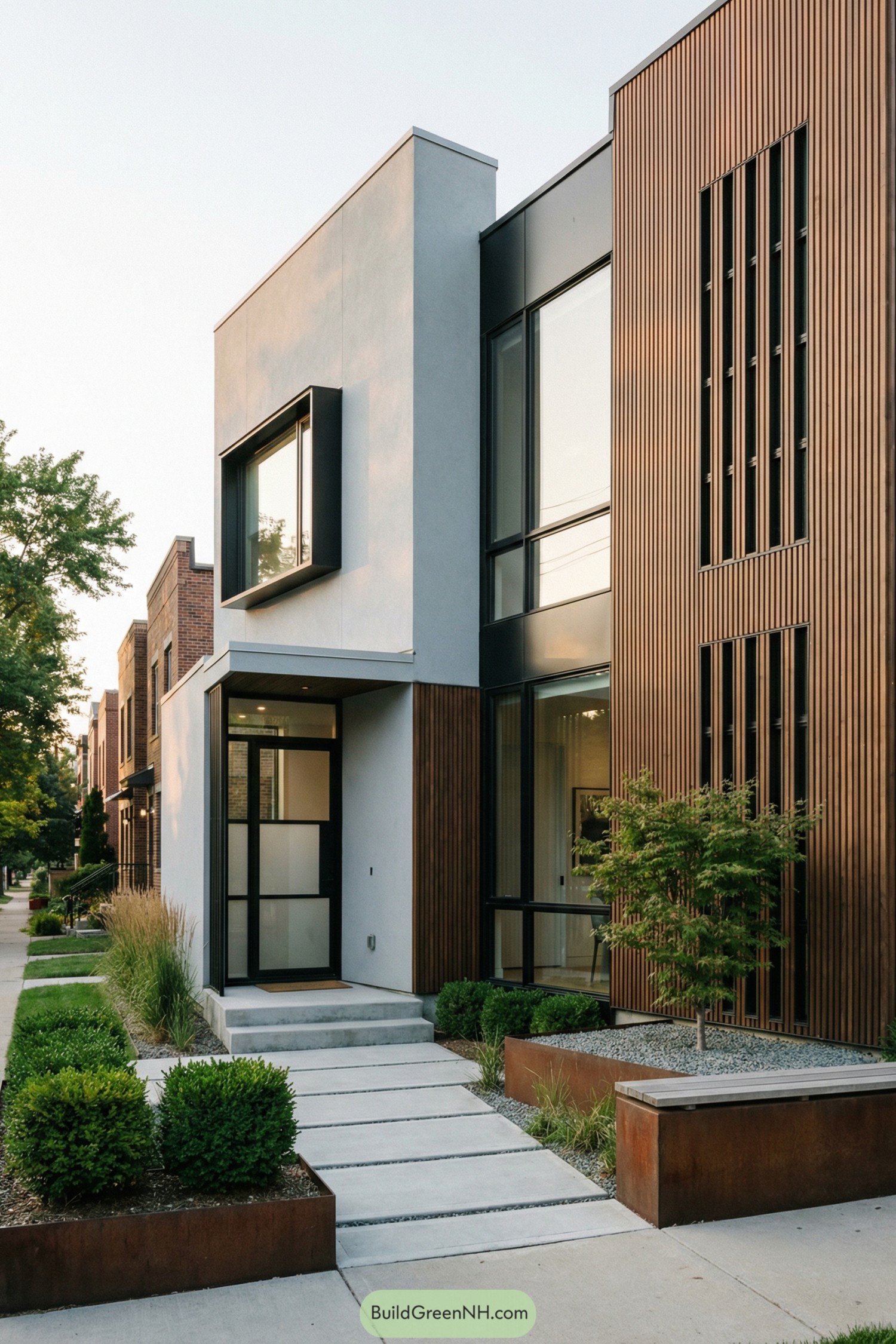 Modern townhouse with wood slat facade and minimalist front garden