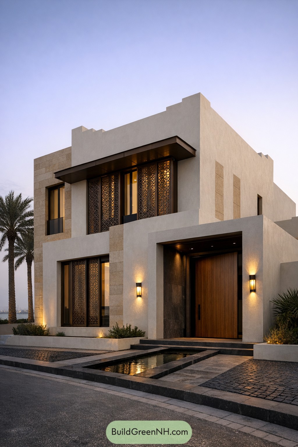 Two story modern Arabic house with geometric facade and patterned metal screens