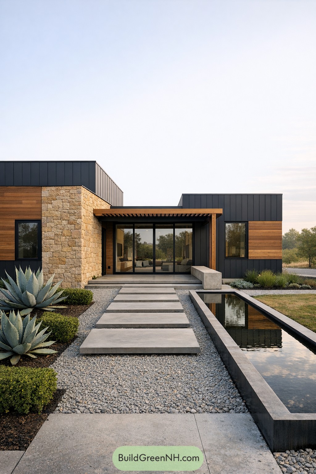 Modern low house with stone wood and reflecting pool at entry