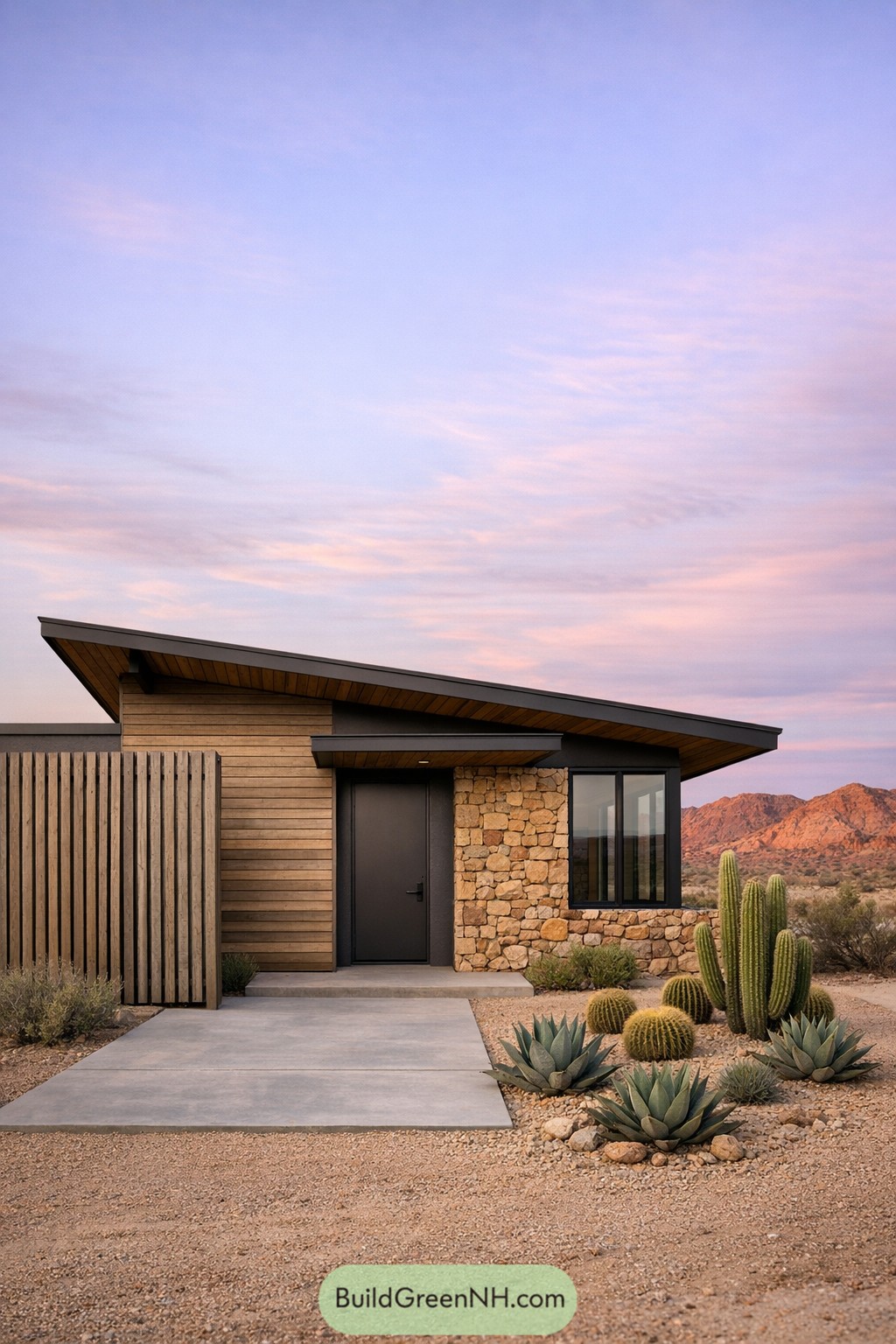 Modern desert cabin with sloped roof stone and wood facade and cacti garden