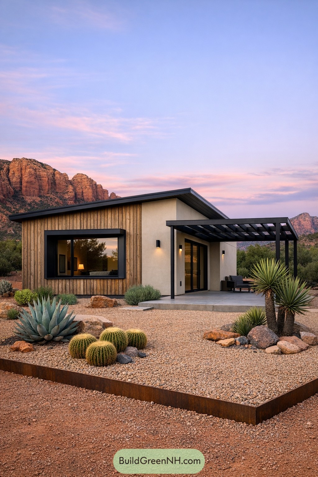 Modern small house with wood facade pergola and desert landscaping