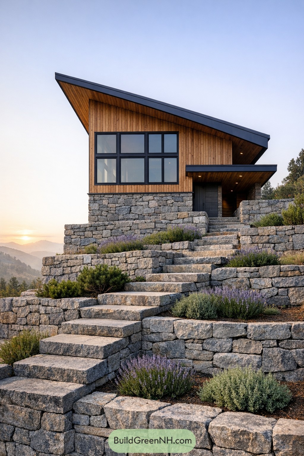 Modern wood cabin atop layered stone terraces