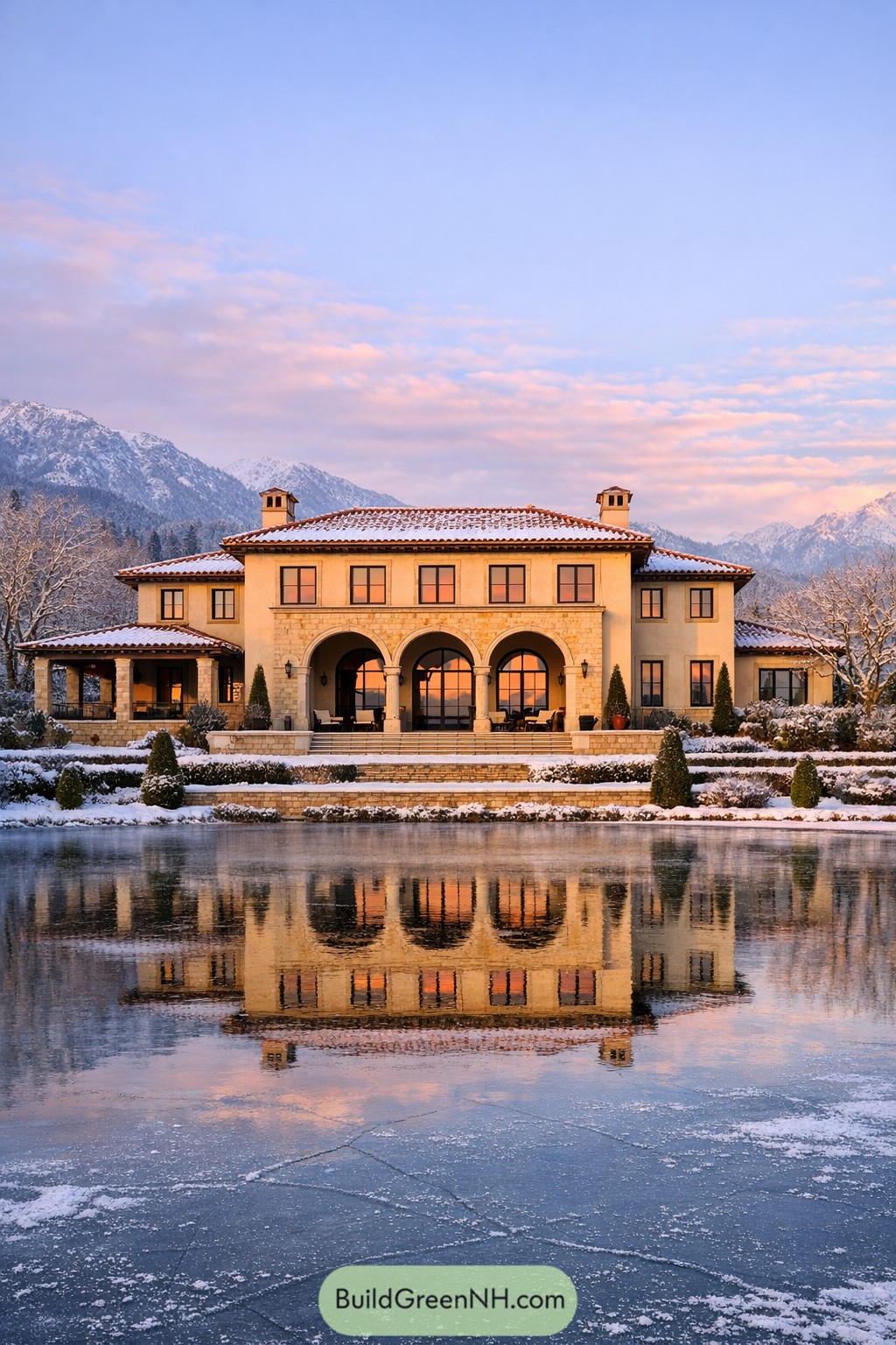 Elegant Mediterranean villa mirrored on a frozen lakeshore at sunset