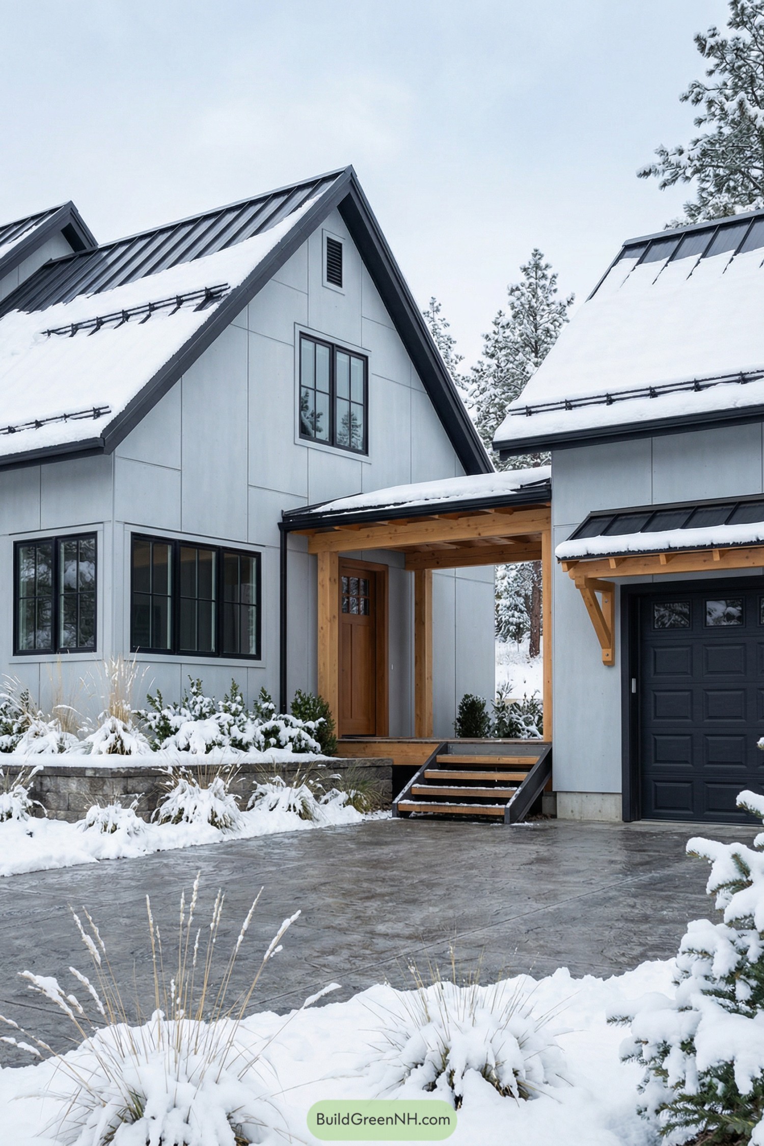 Modern gray barndominium with black metal roof and a wood breezeway entry between house and garage in a snowy landscape