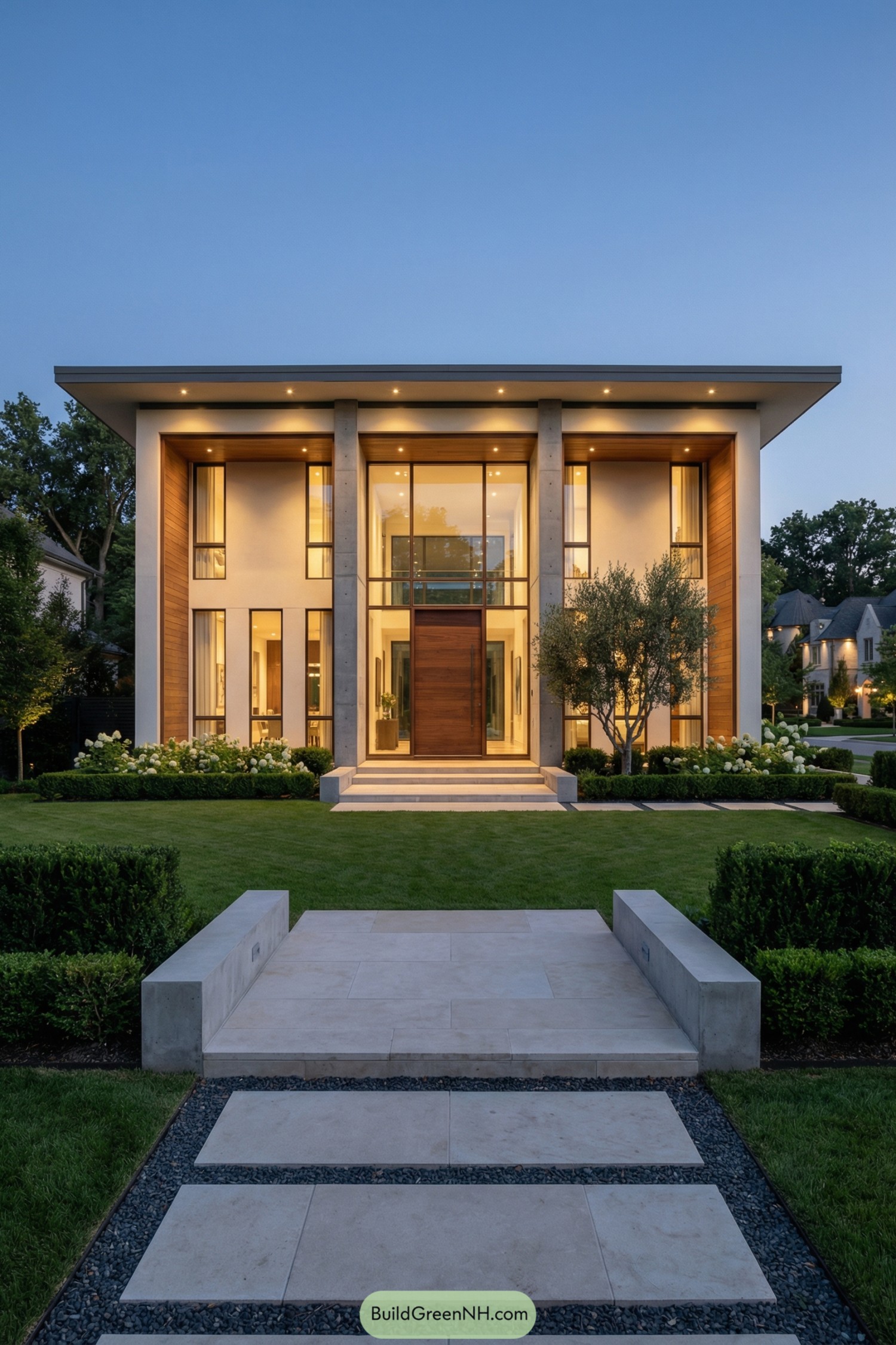 Modern two story house with tall columns and manicured front lawn. Wide stone path leads to a large wood and glass entry